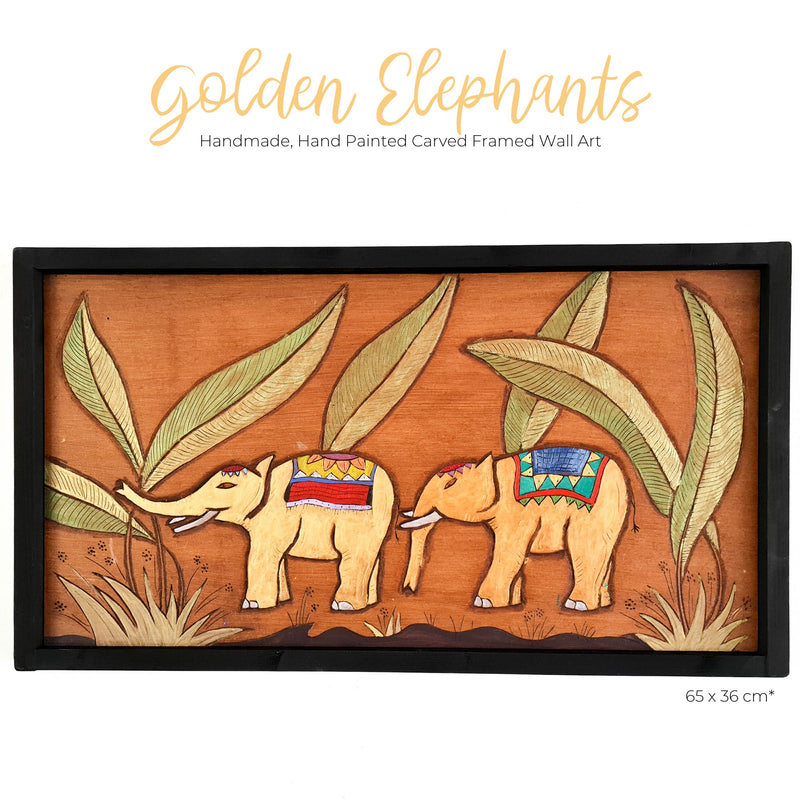 Golden Jungle African Elephants - Hand Carved Wooden Wall Art