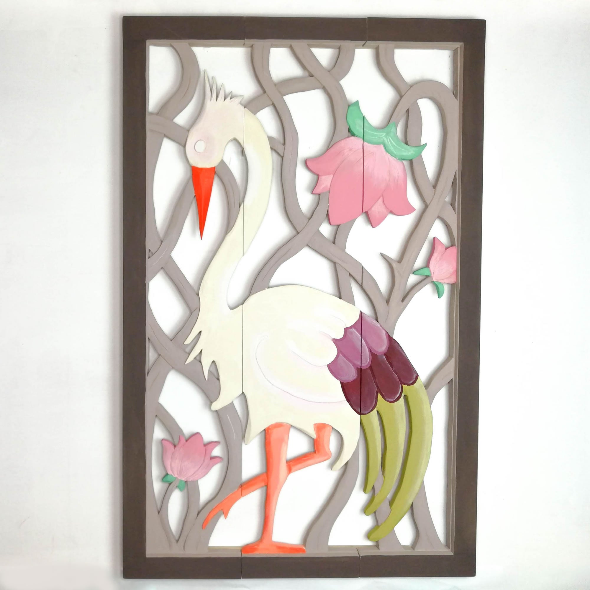 Carved Painted Wooden Wall Art - Large Headboard Decorative Bird Panel