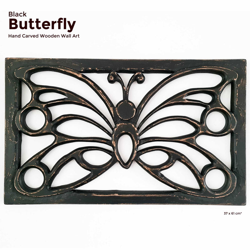 Antique Black Butterfly - Handmade Distressed Carved Wooden Wall Art Deco
