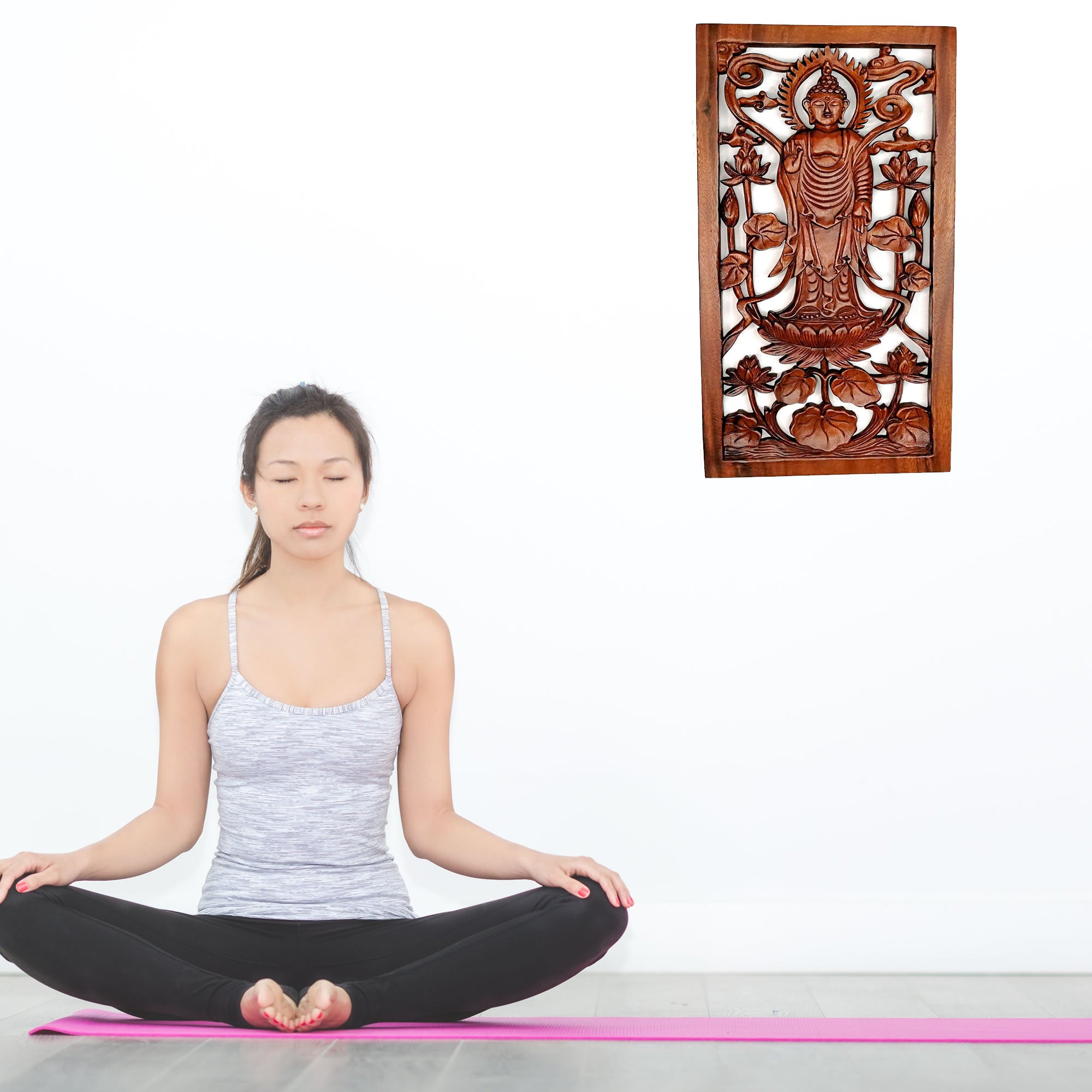 Hand Carved Wooden Wall Art Decorative Standing Buddha Peace Yoga Meditation