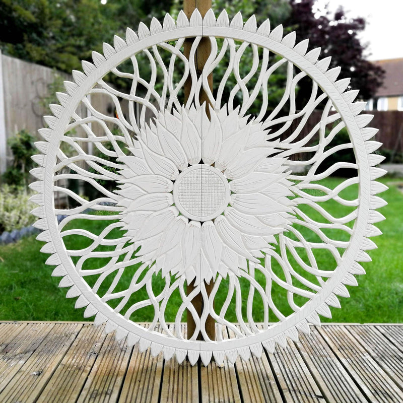 Mandala Headboard Large Decorative Wall Hanging Sculpture Art Wood carving Shabby Chic Distressed White Easternada
