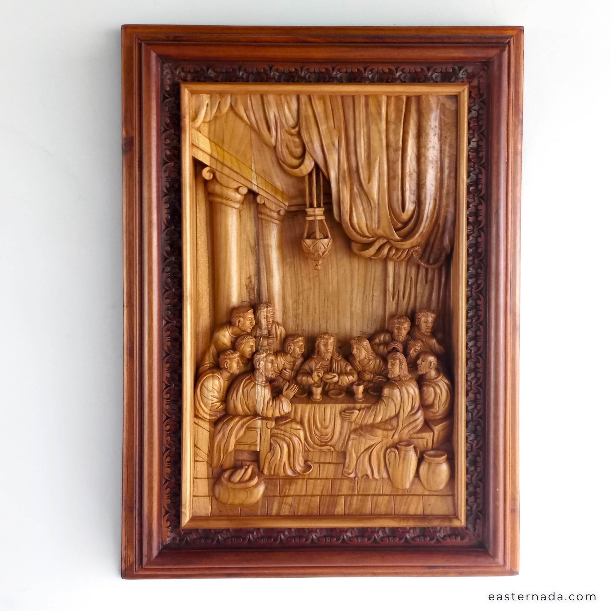Large 3D hand-carved teakwood relief of Leonardo Da Vinci's The Last Supper, religious wall art sculpture