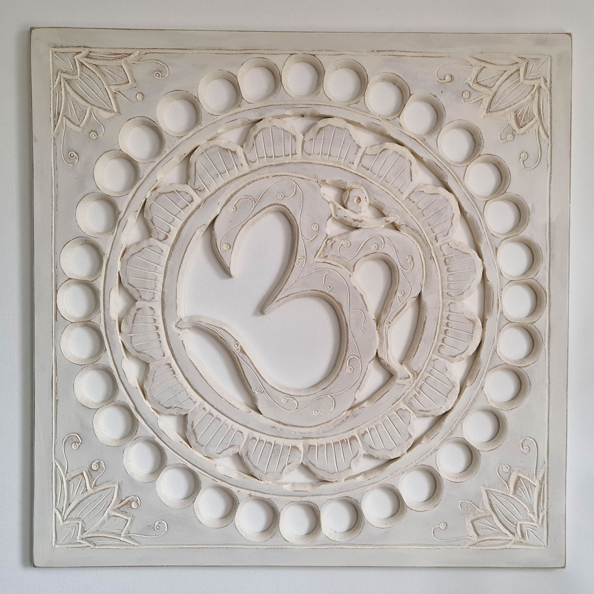 Handmade Carved Wooden Decorative Wall Art OM Mantra Distressed White