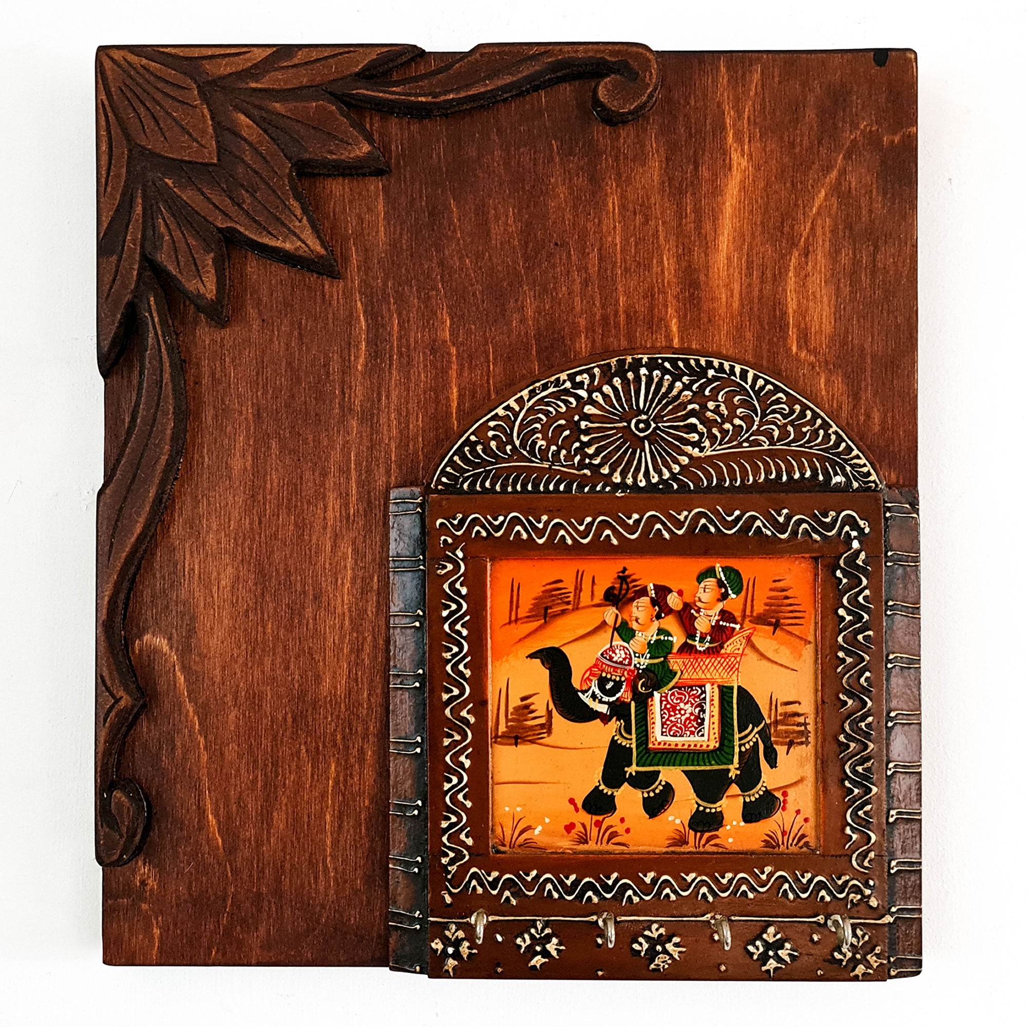 Handmade Hand-painted Carved Wood Wall Art Decorative Hanging Key Holder Hooks Storage