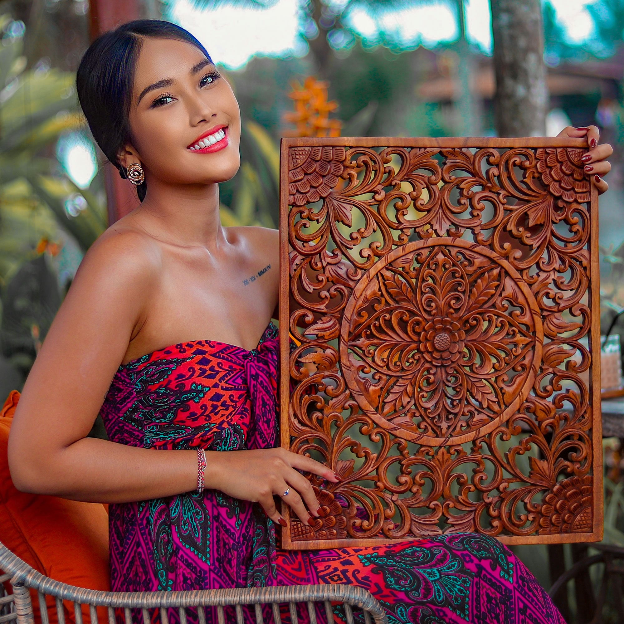 Mystic Lotus Mandala Hand Carved Wooden Room Decorative Large Headboard Wall Art Sculpture