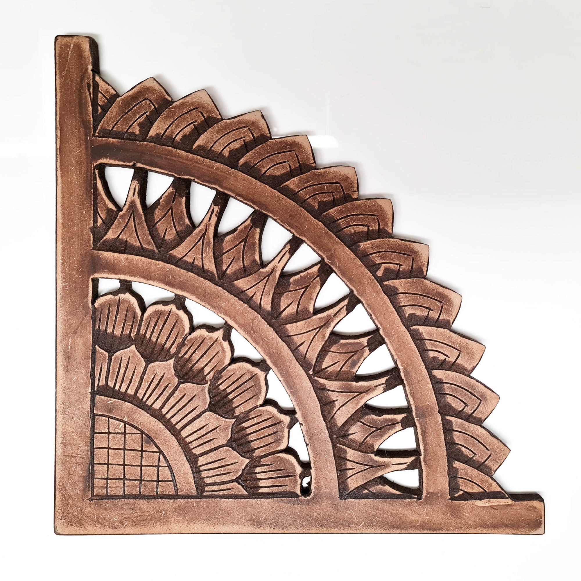 Carved Wooden Wall Art - Rustic Corners Curved Mandala Distressed Antique Brown