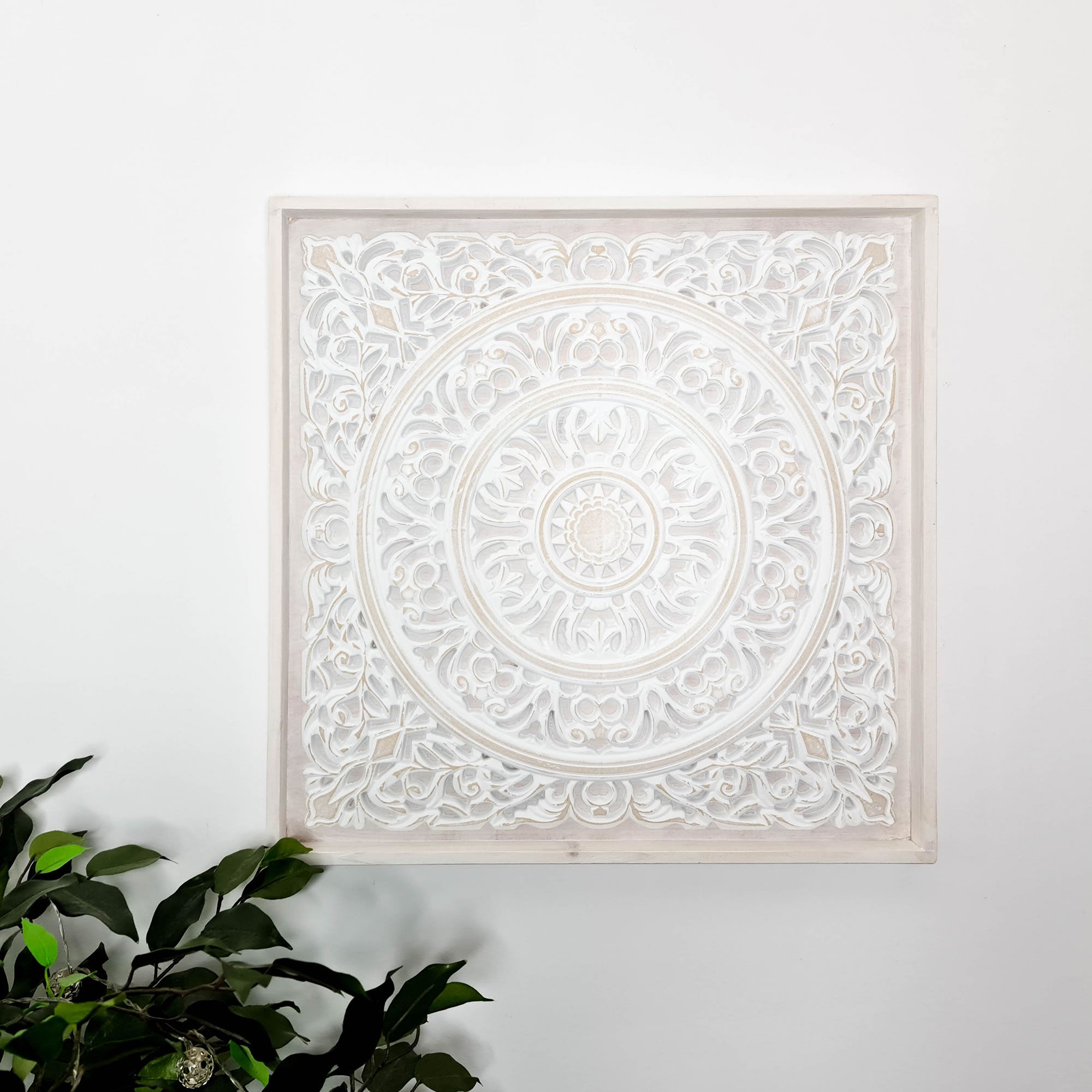 Carved Wooden Decorative Framed Mandala Panel Art Sculpture White Shabby Chic
