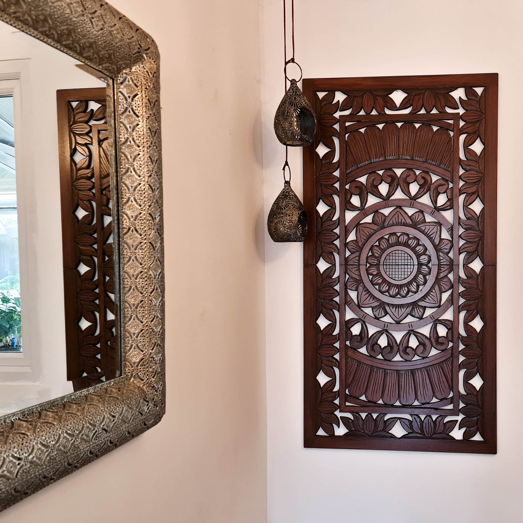 Hand Carved Wooden Wall Art - Decorative Mandala Headboard Panel Easternada