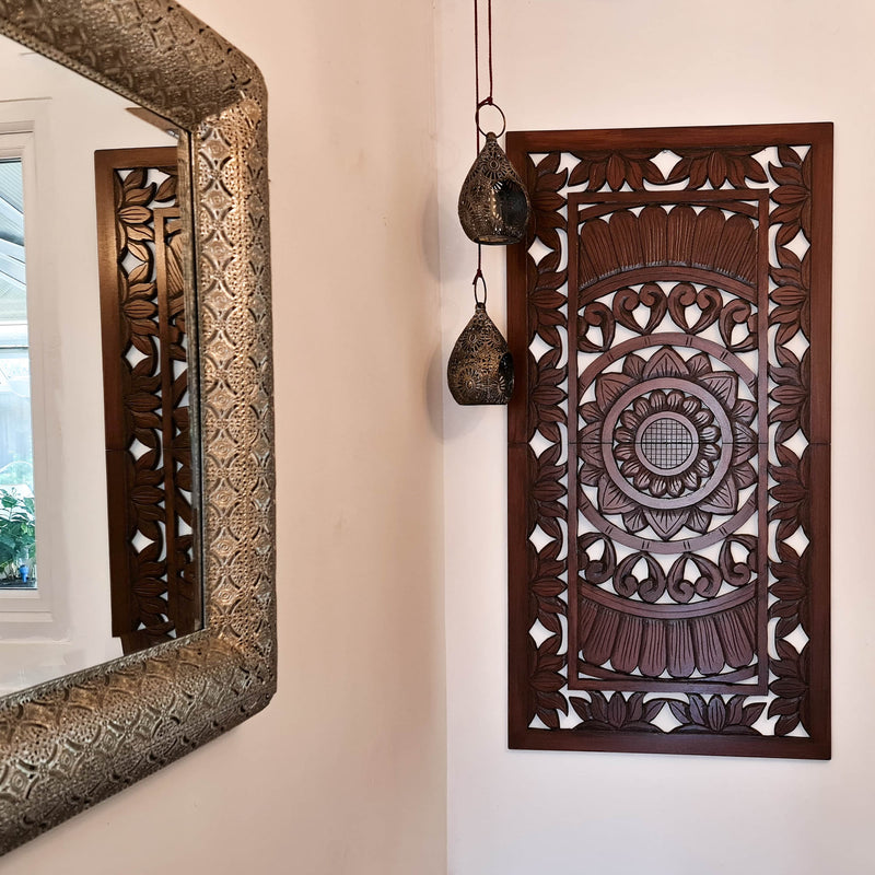 Hand Carved Wooden Wall Art - Decorative Mandala Headboard Panel Easternada