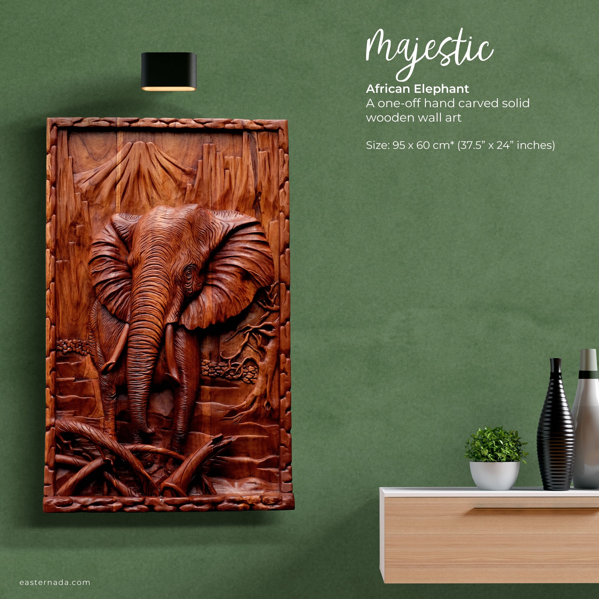 This stunning hand-carved African elephant is undoubtedly a masterpiece. Carved out of solid teakwood, the carver has captured the raw majestic nature of the African elephant in its environment. A wood art that will adorn the walls and become a focal point in any room.