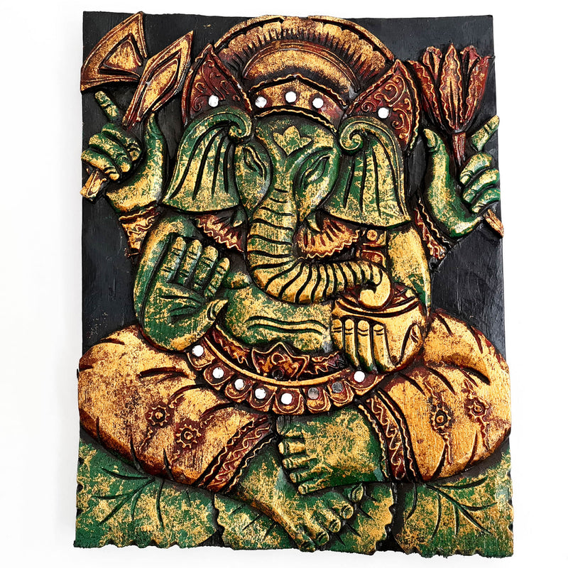 Hand Carved Painted Golden Ganesh Hindu God Mandir Wood Art Sculpture