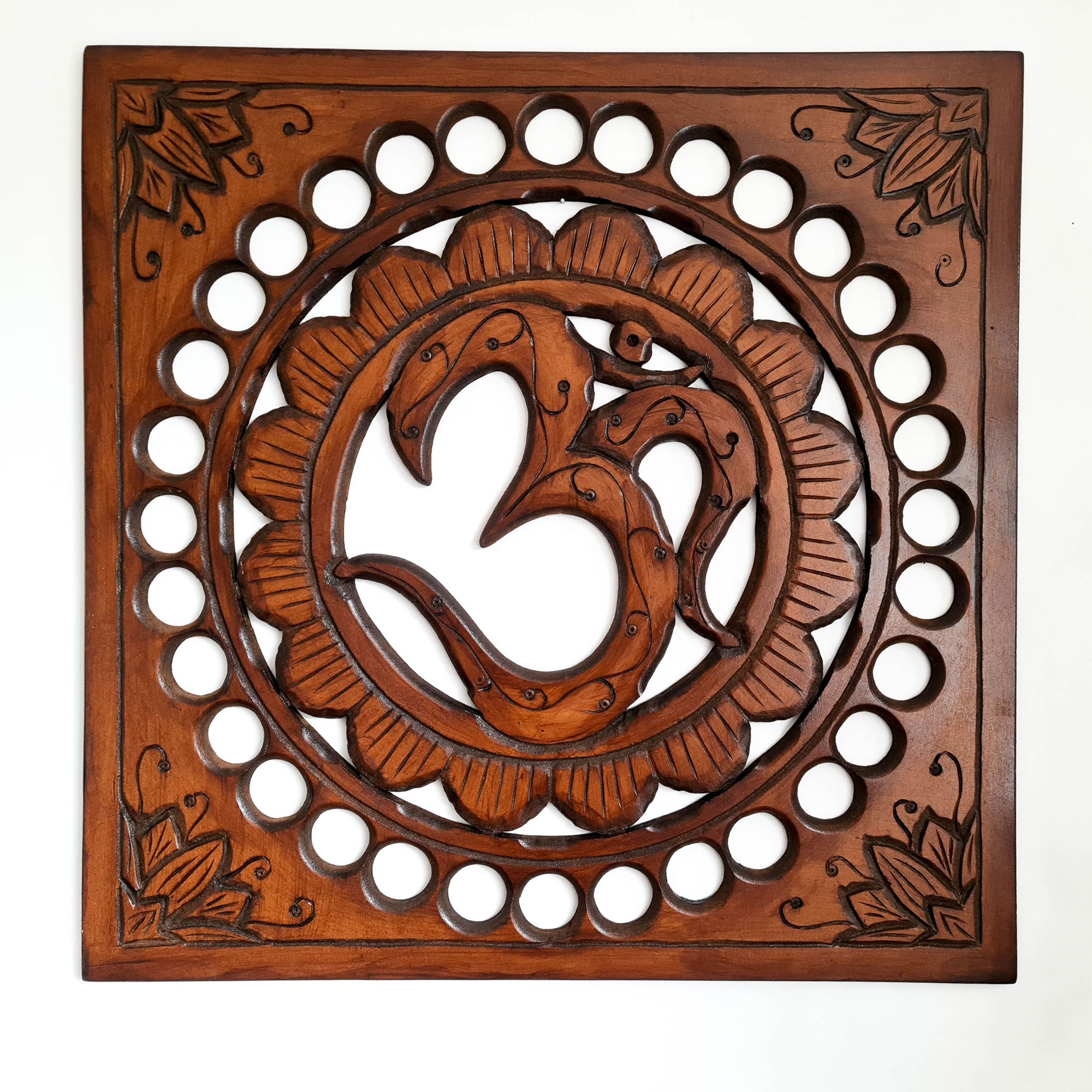 Handmade Carved Wooden Decorative Wall Art OM Mantra Mandir Meditation - Easternada