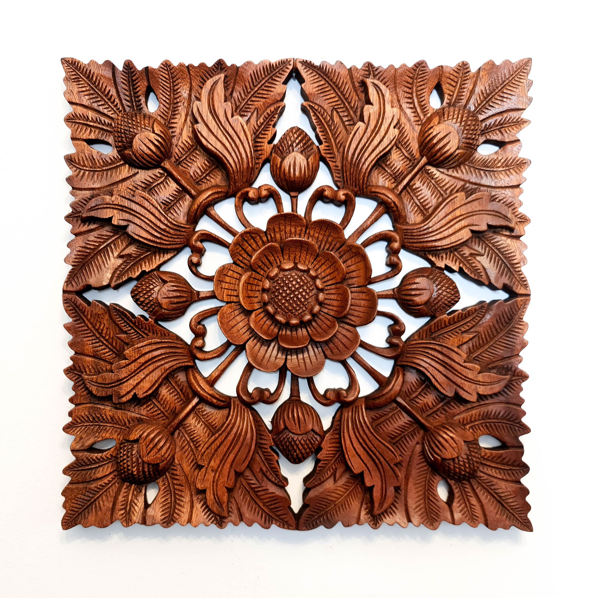 Wild Lotus Flower Carved Wooden Hand Carved Decorative Panel Sculpture Nature Garden plants -Easternada