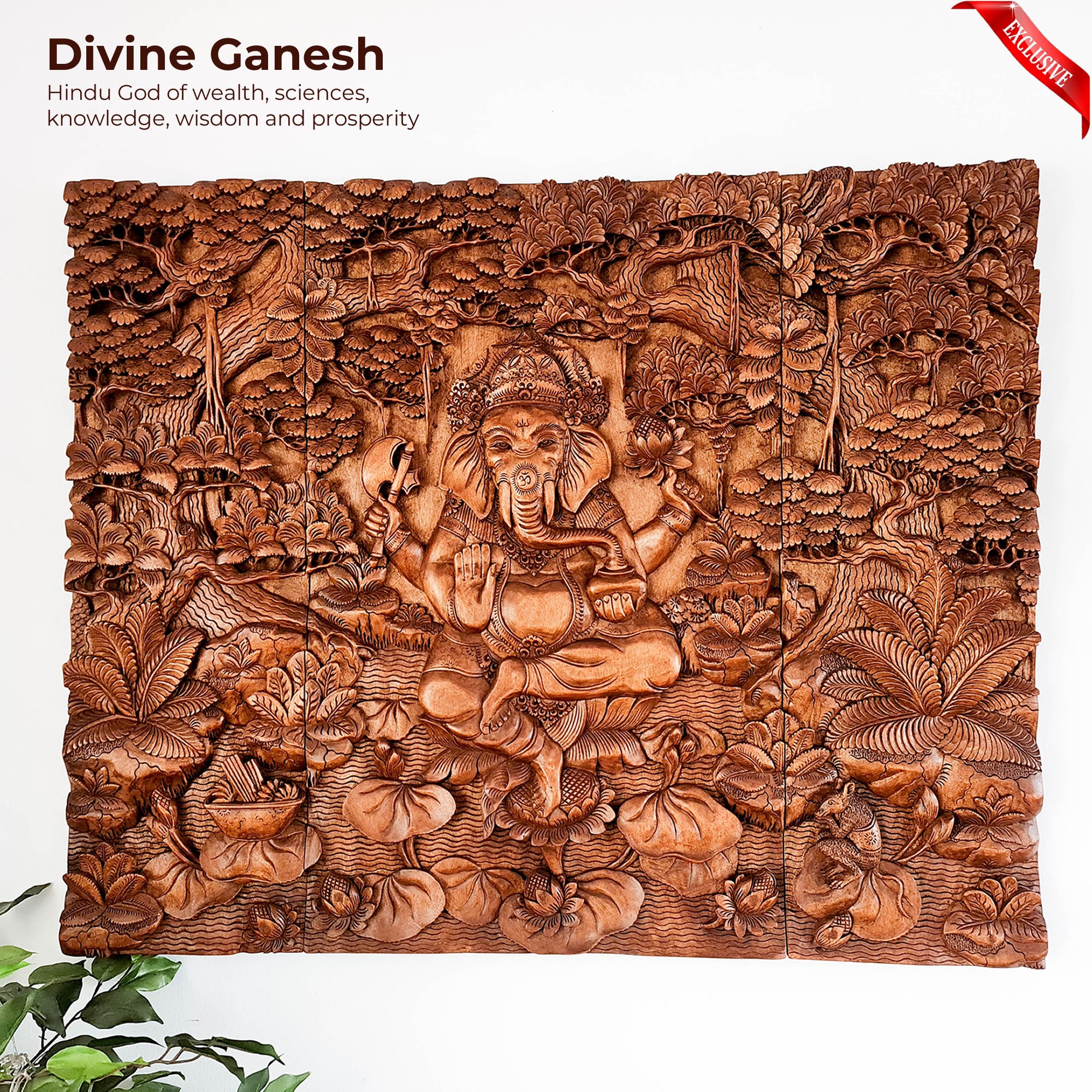 Divine Hindu God Lord Ganesh Hand Carved Wooden Decorative Art Mandir Pooja