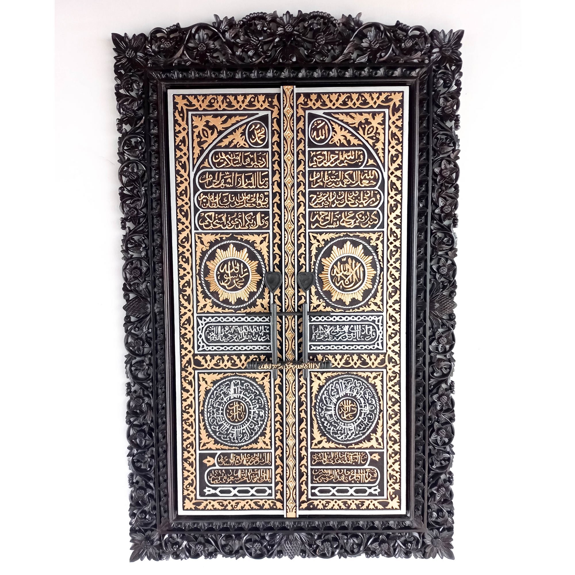 Large hand-carved teakwood sculpture of the Kiswa e Kaaba door with Arabic calligraphy, luxury Islamic wall art