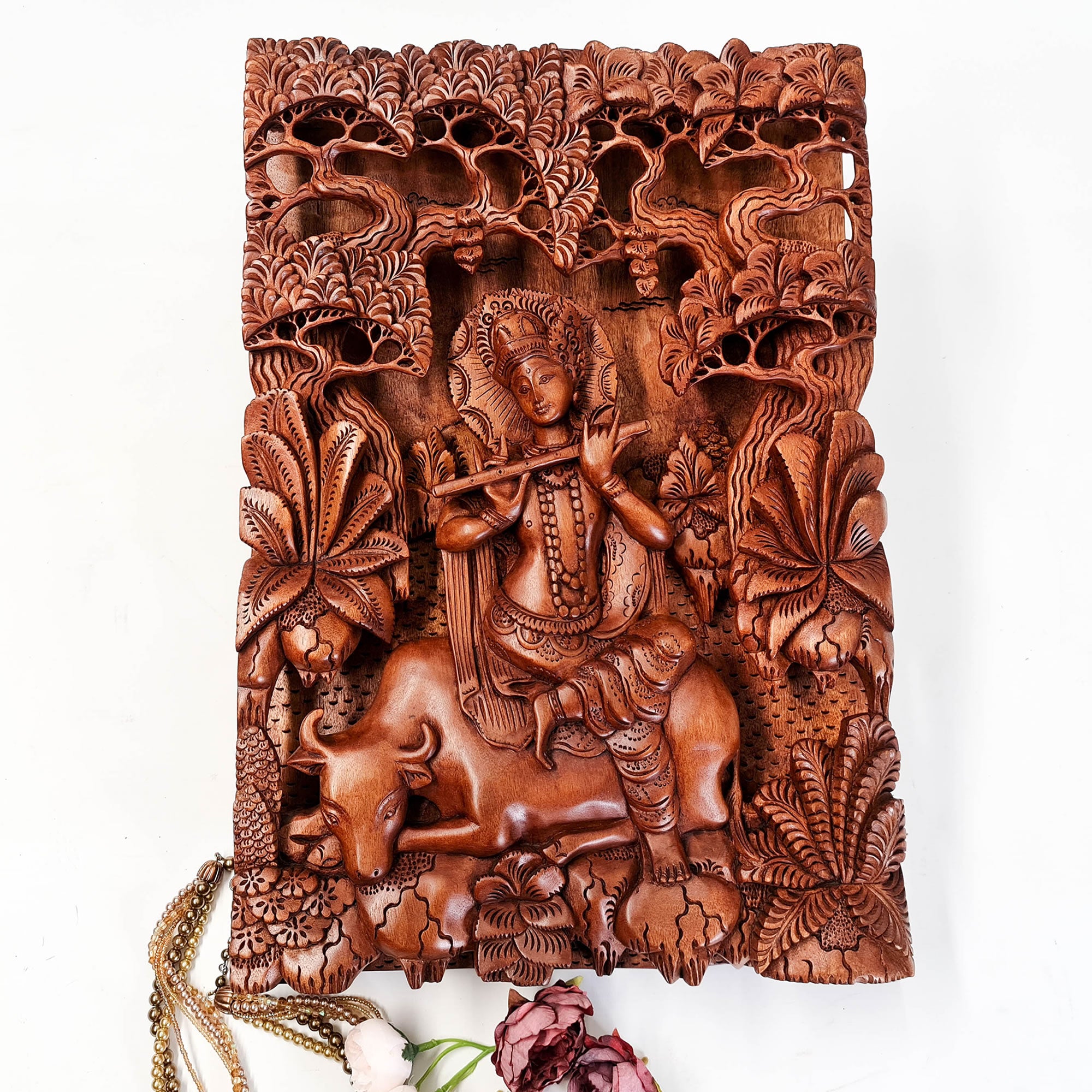 Hand Carved Wooden Hindu God - Hare Krishna Hindu Mandir Sculpture