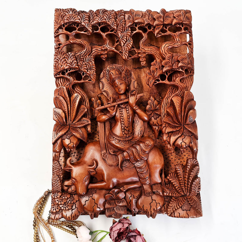 Hand Carved Wooden Hindu God - Hare Krishna Hindu Mandir Sculpture