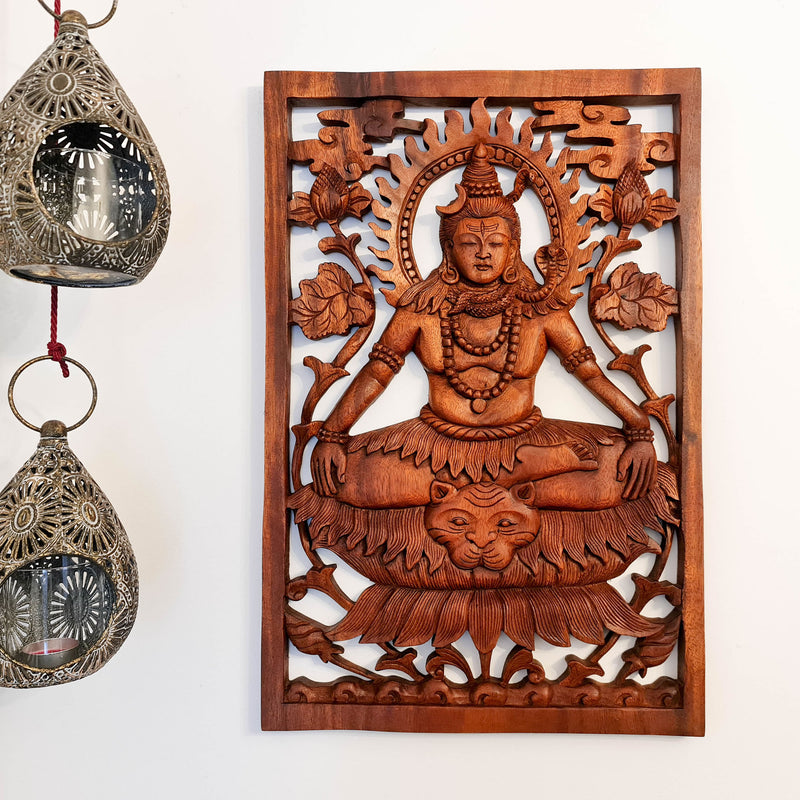 Lord Shiva Siva Carved Wooden Decorative Panel Sculpture Mandir Hindu Art Décor