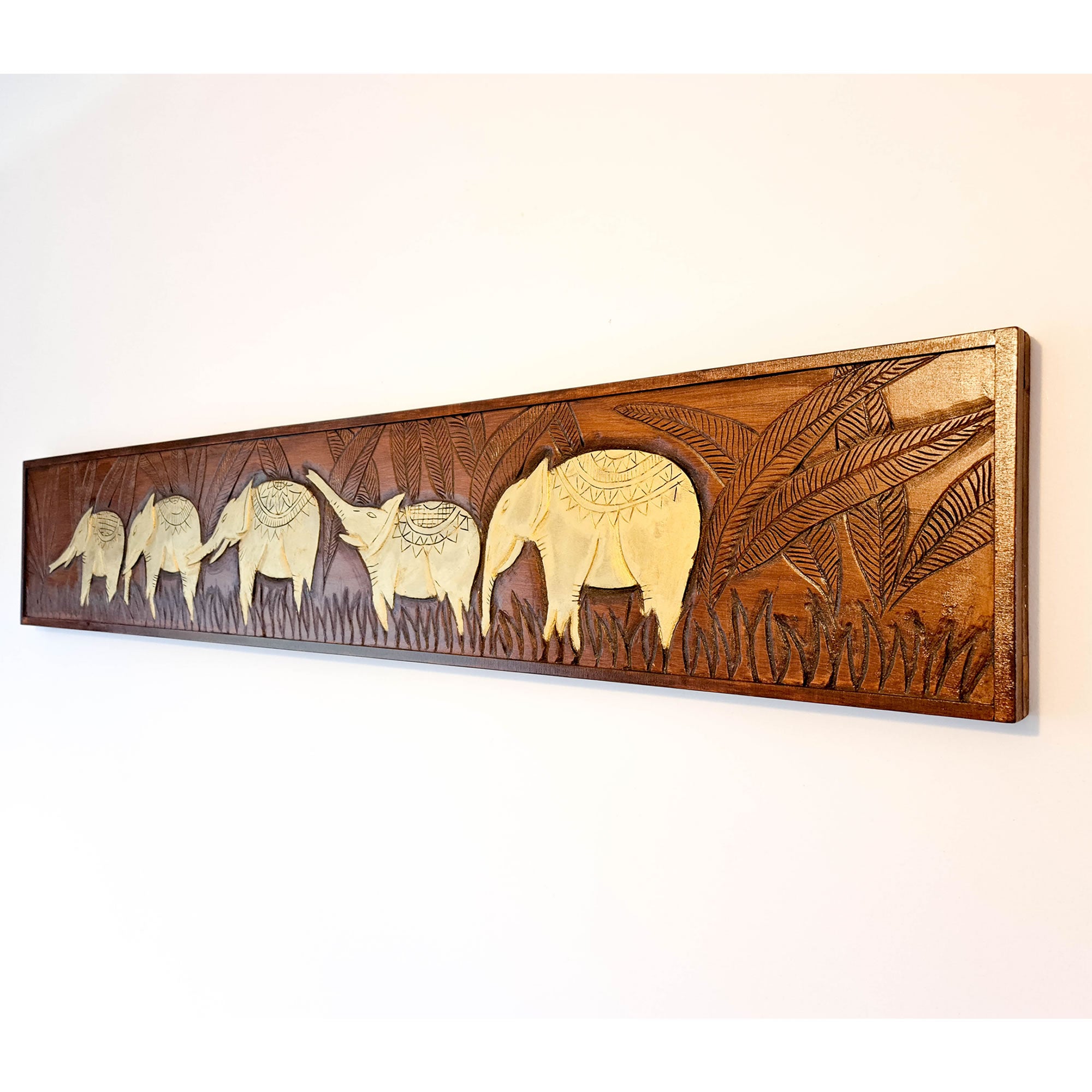 Golden African Jungle Elephants. Hand carved wooden wall art. A perfect headboard art