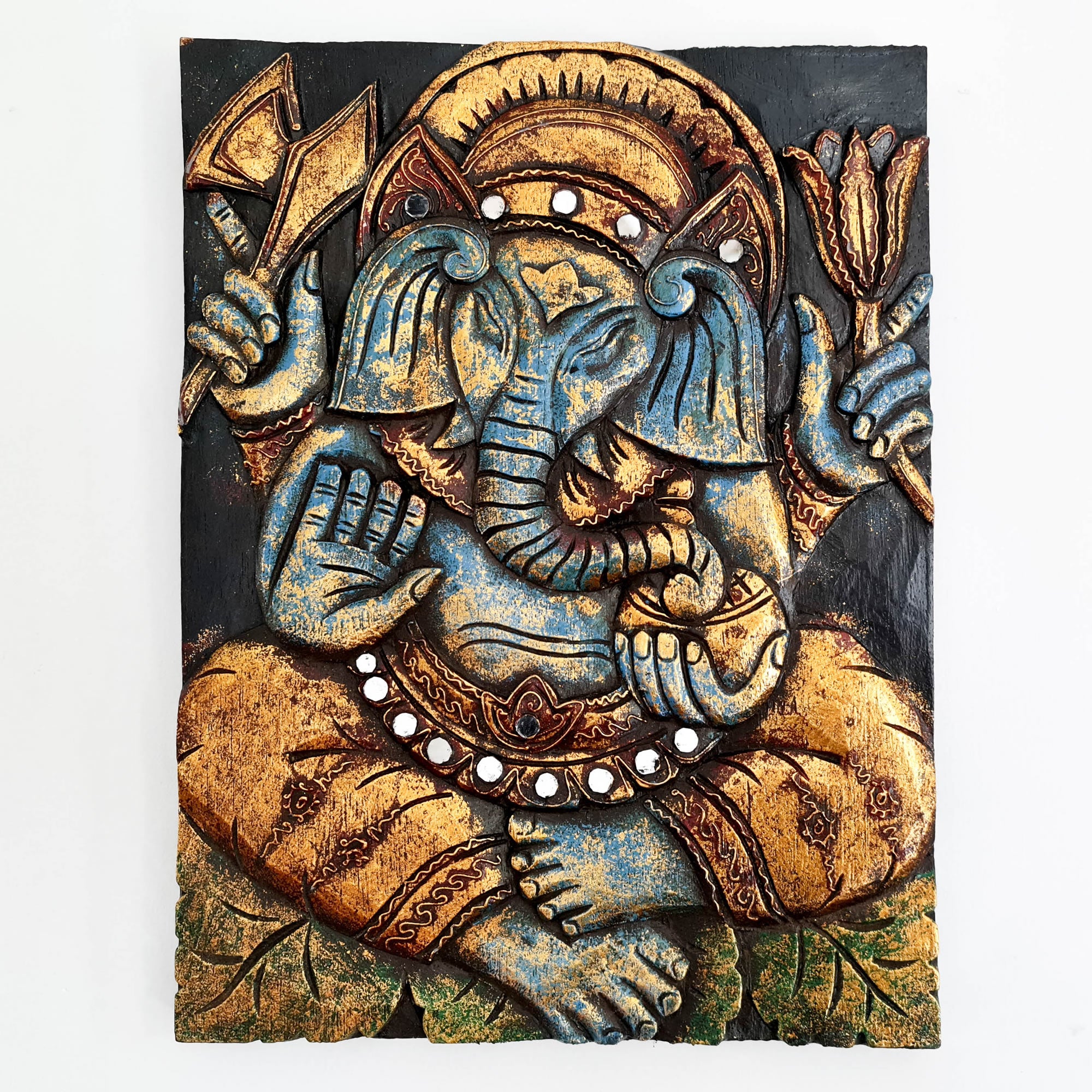 Hand Carved Painted Golden Ganesh Hindu God Mandir Wood Art Sculpture