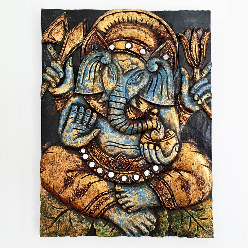 Hand Carved Painted Golden Ganesh Hindu God Mandir Wood Art Sculpture