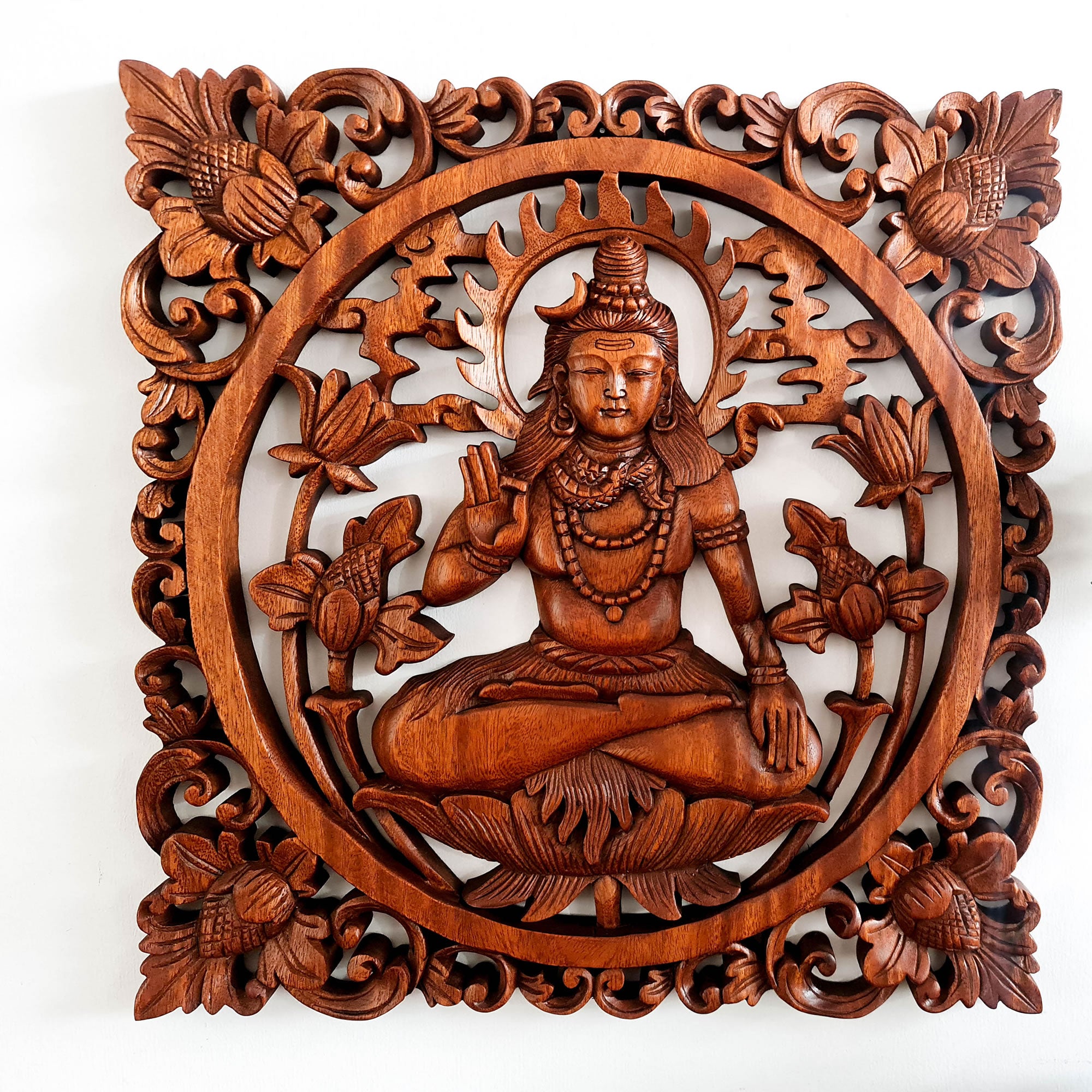 Hindu God Lord Shiva Siva Wooden Wall Art Sculpture Decoration Yoga Temple Mandir -Easternada