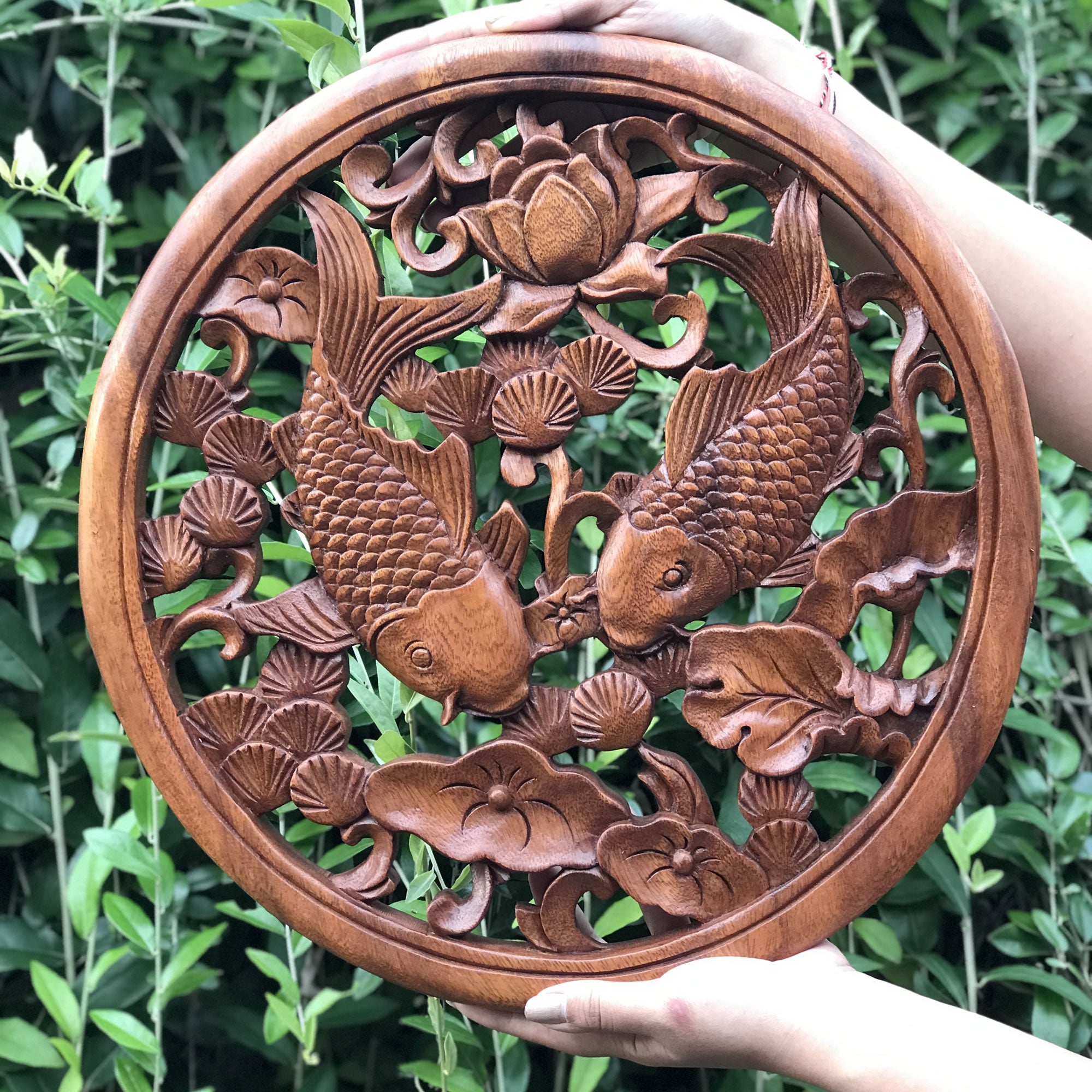 Hand Carved Wooden Wall Art Koi Fishes Decorative Hanging - A perfect Good luck Gift