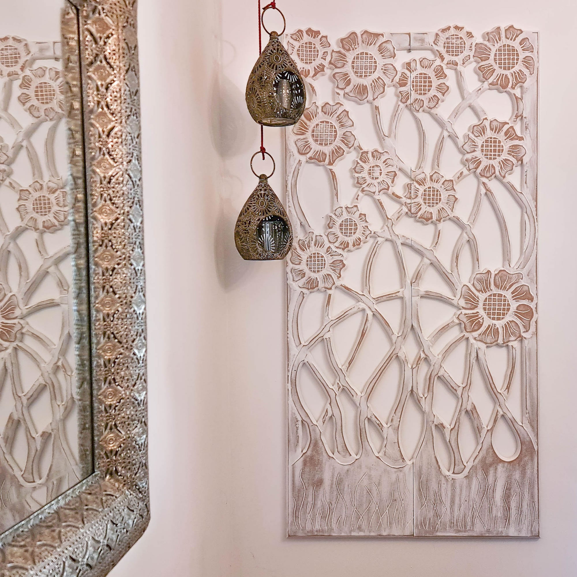 Hand Carved Wooden Wall Art - Large Headboard Decorative Flowers Panel Distressed White Shabby Chic