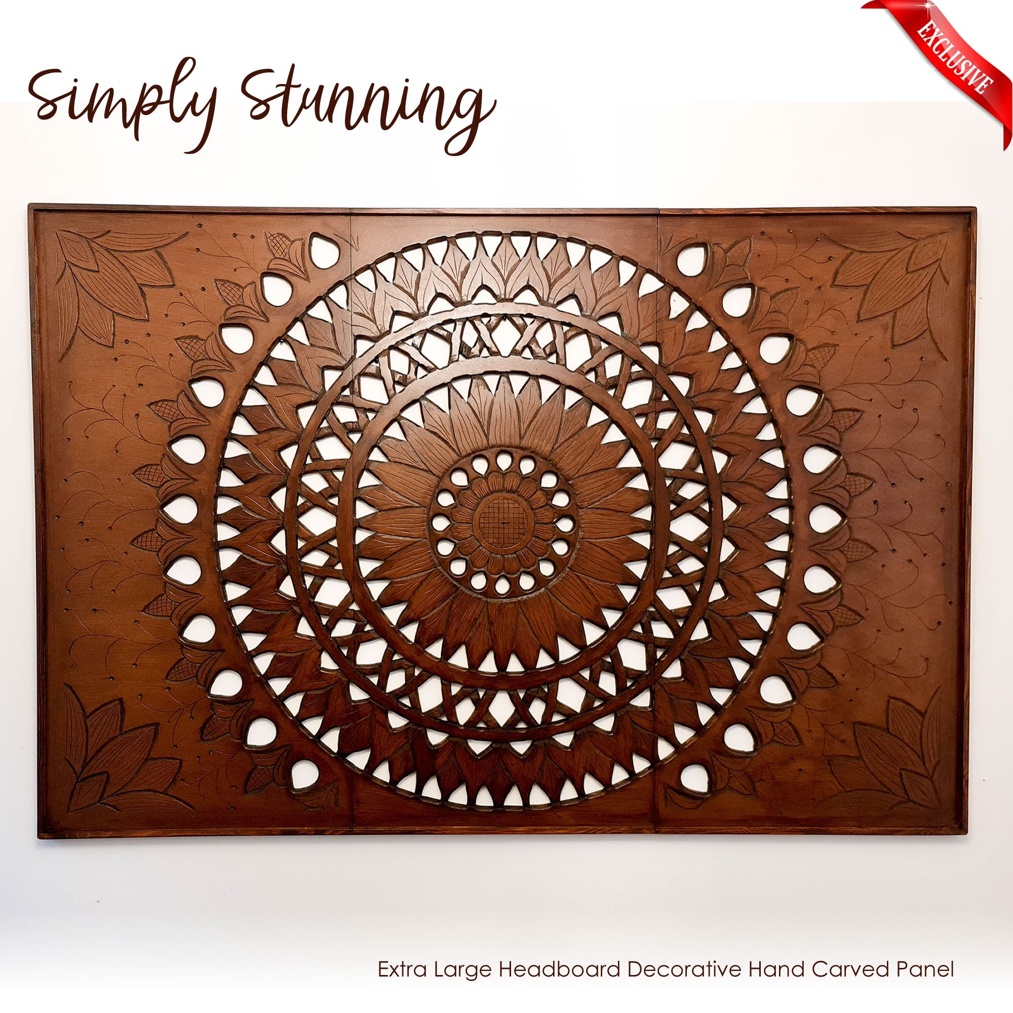 Panneau de tête de lit Mandala en bois sculpté fait à la main Suryadarshan