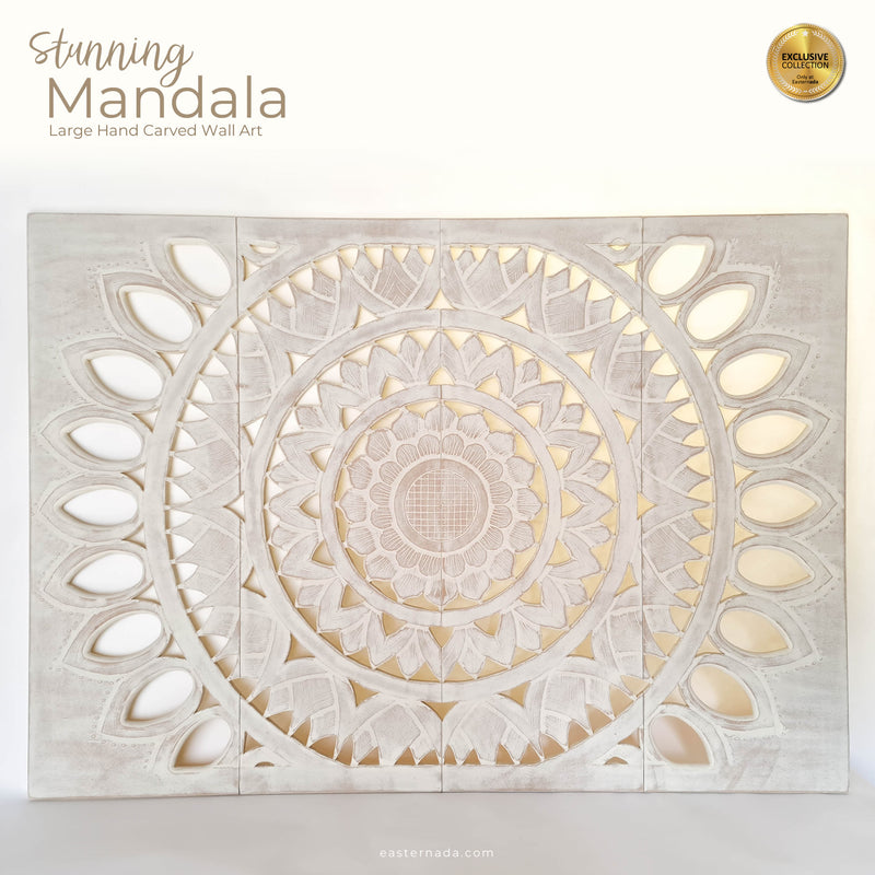Mandala Headboard Carved Wooden Decorative Panel Art Distressed White Shabby Chic