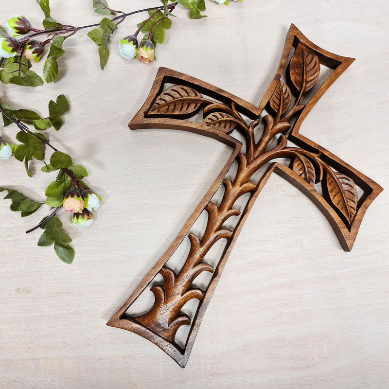 Christian Prayer Cross Tree of Life Carved Wooden Decorative Panel Sculpture Art