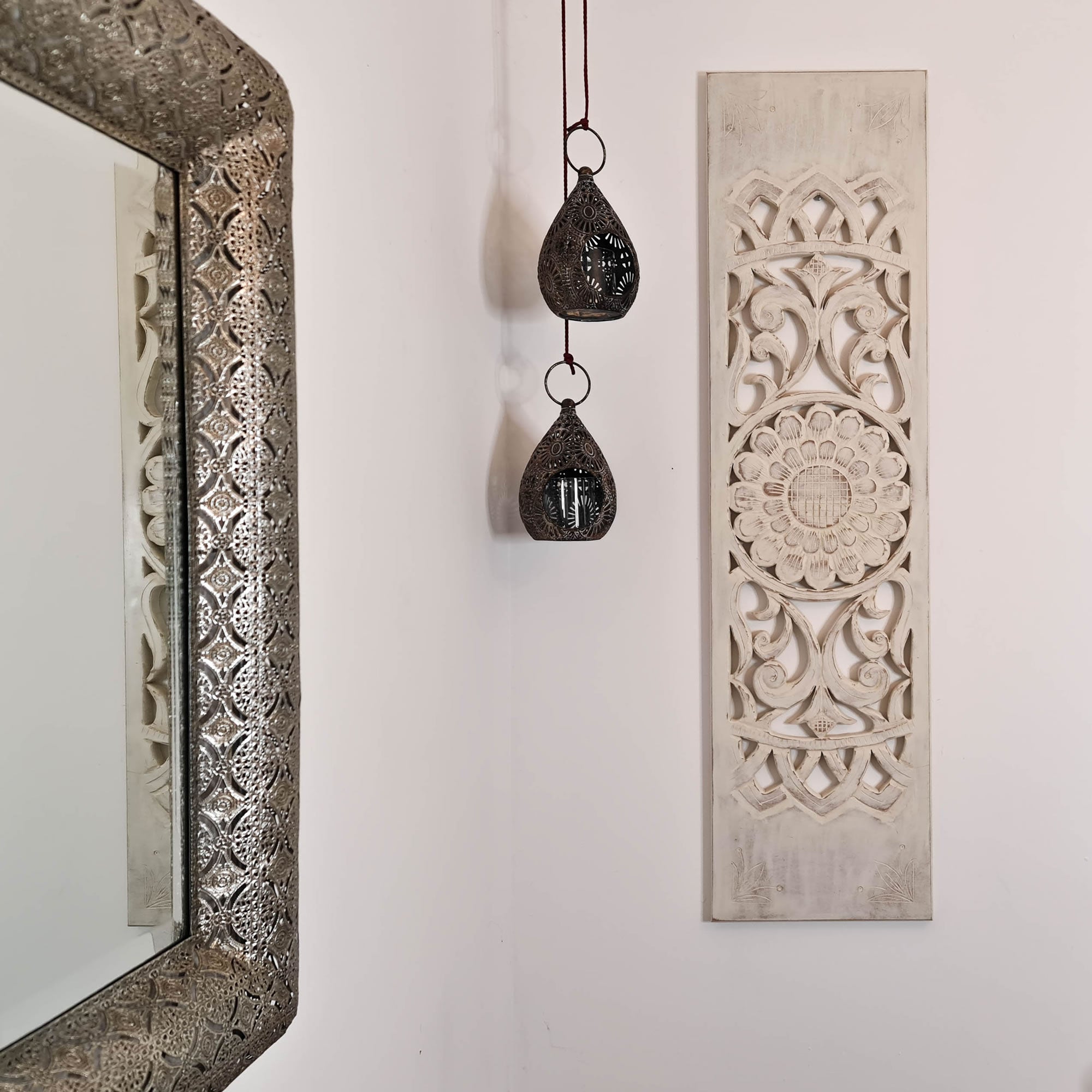 Hand Carved Wooden Wall Art - Distressed White Decorative Mandala Yoga Panel