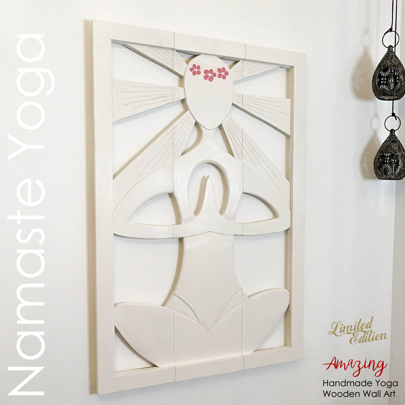 Art mural en bois sculpté - Grande sculpture décorative de tête de lit Namaste Yoga Meditation Panel