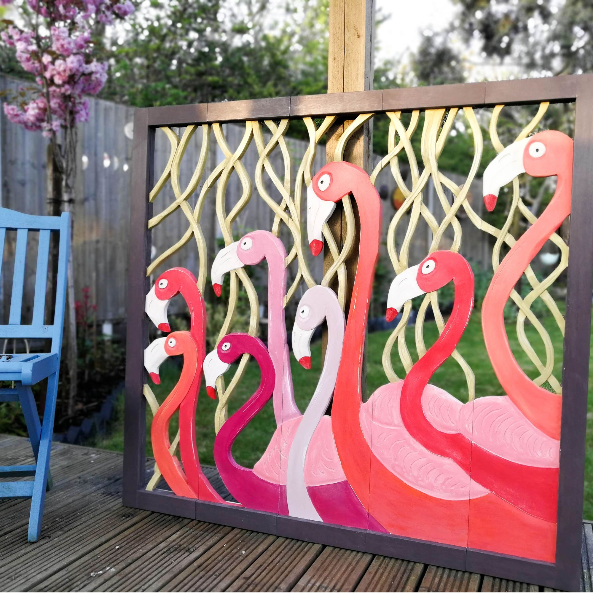 Carved Painted Wooden Wall Art - Large Headboard Decorative Flamingos