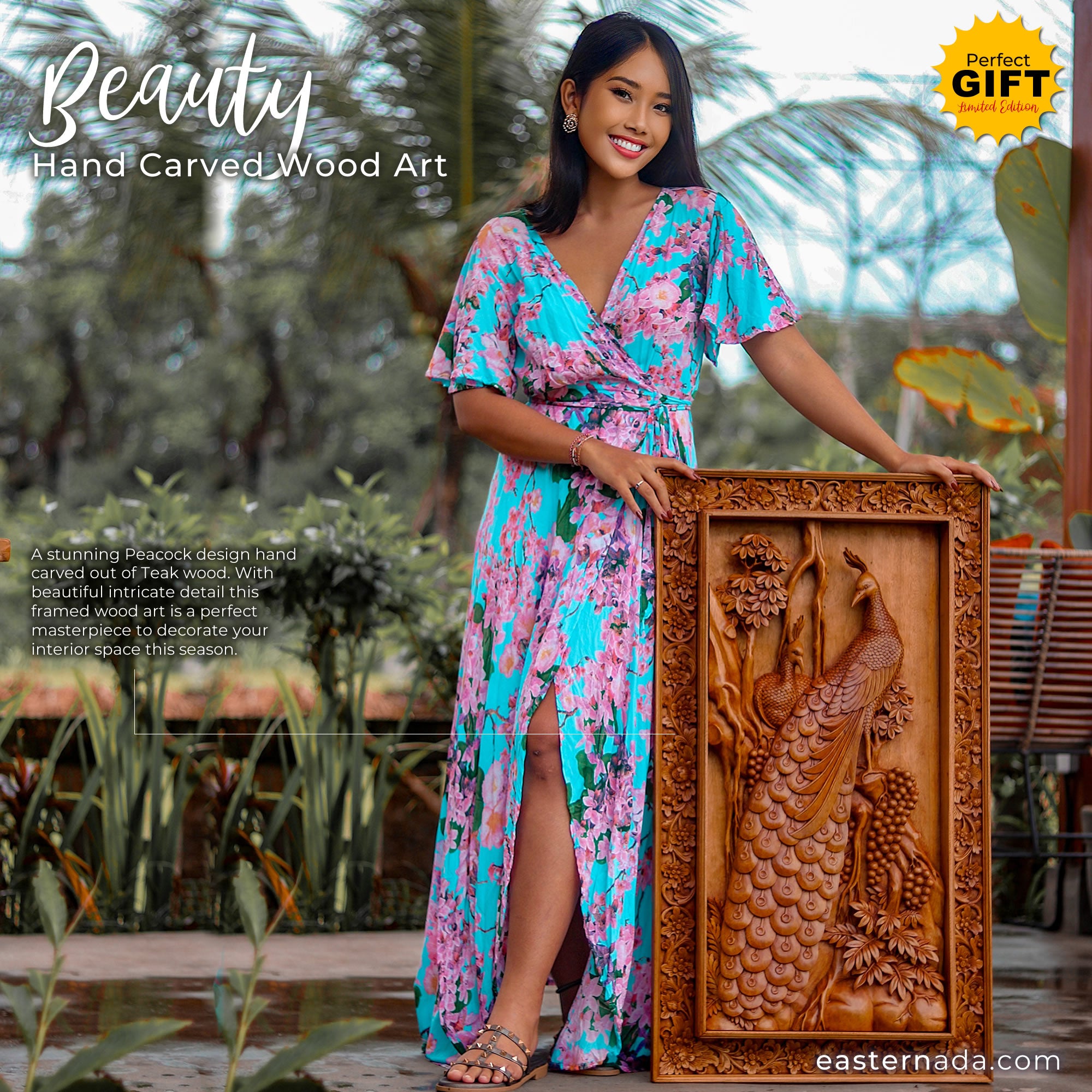 This is a stunning masterpiece. Intricate detailed hand carved Peacock birds out of Teak Wood. With decorative frame to match this will be the focal point in any room. Only one piece carved and its an exclusive and unique collection. A Perfect Gift - Easternada