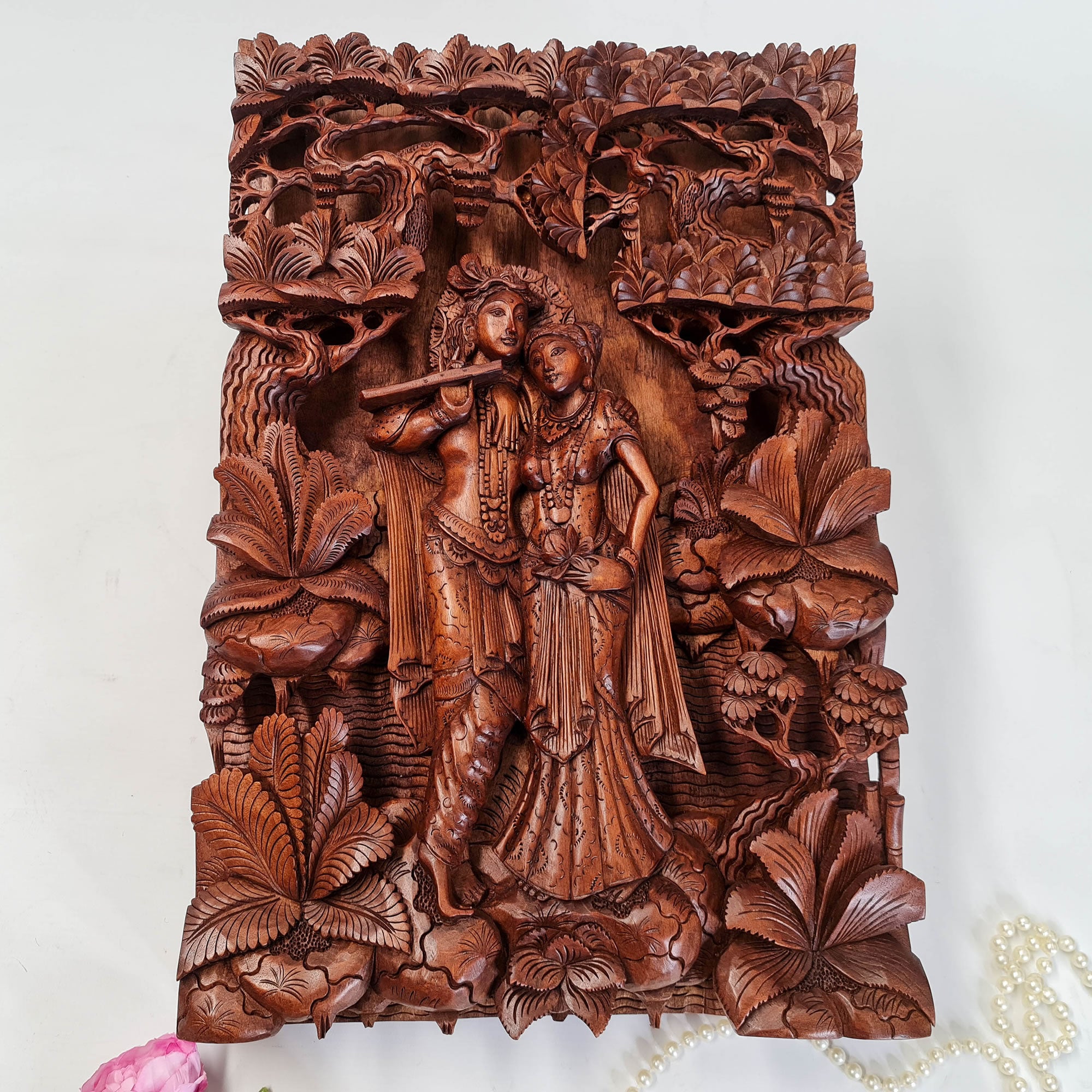 Hand Carved Wooden Hindu God - Radha Krishna Mandir Sculpture Hare Krishna