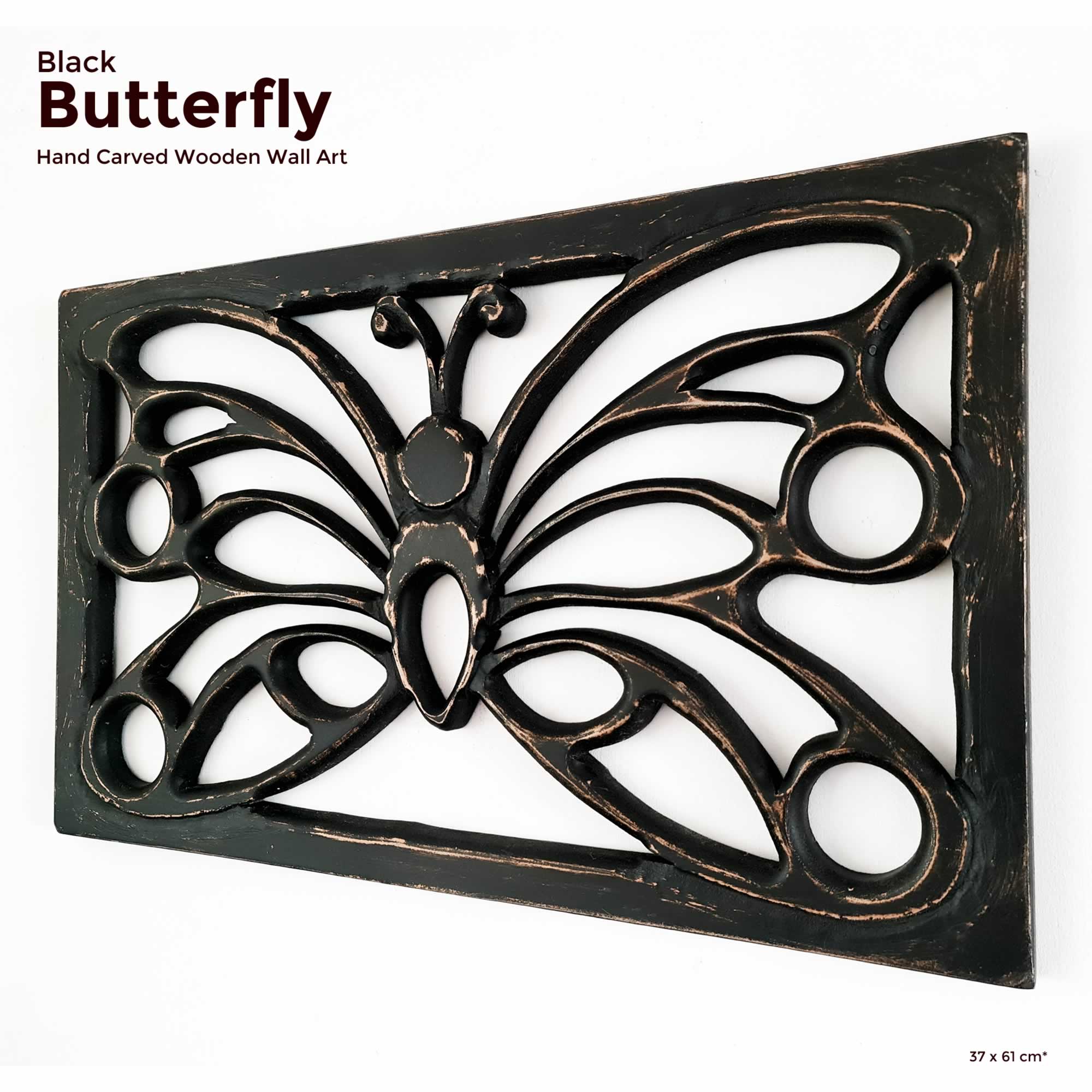 Antique Black Butterfly - Handmade Distressed Carved Wooden Wall Art Deco
