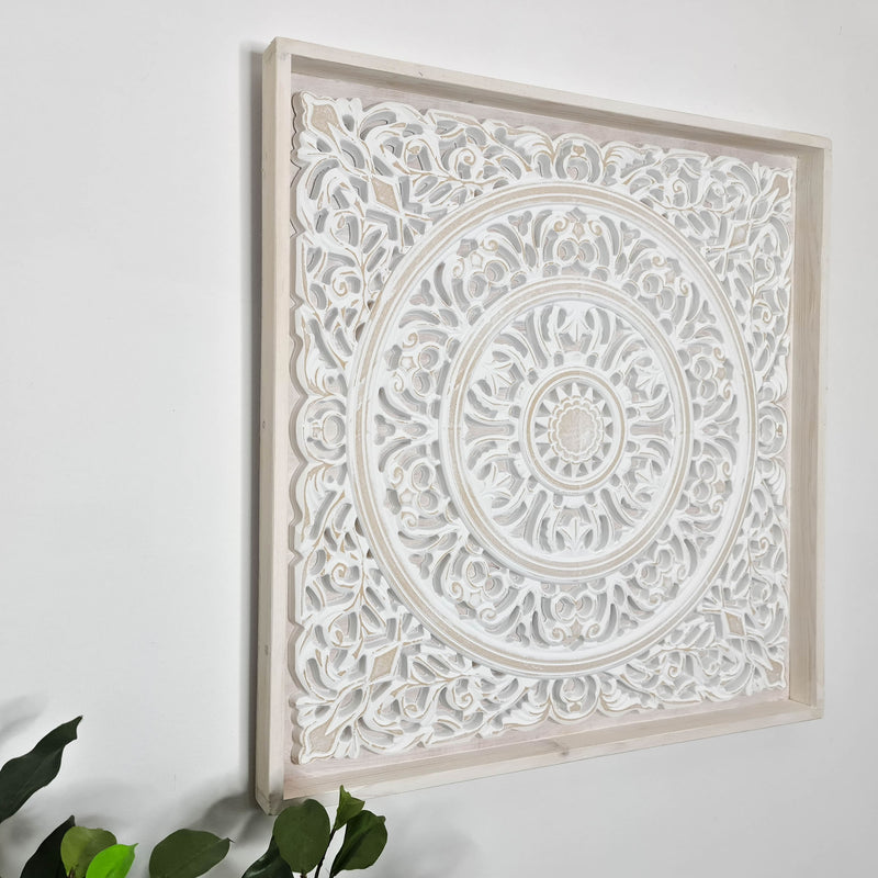 Carved Wooden Decorative Framed Mandala Panel Art Sculpture White Shabby Chic