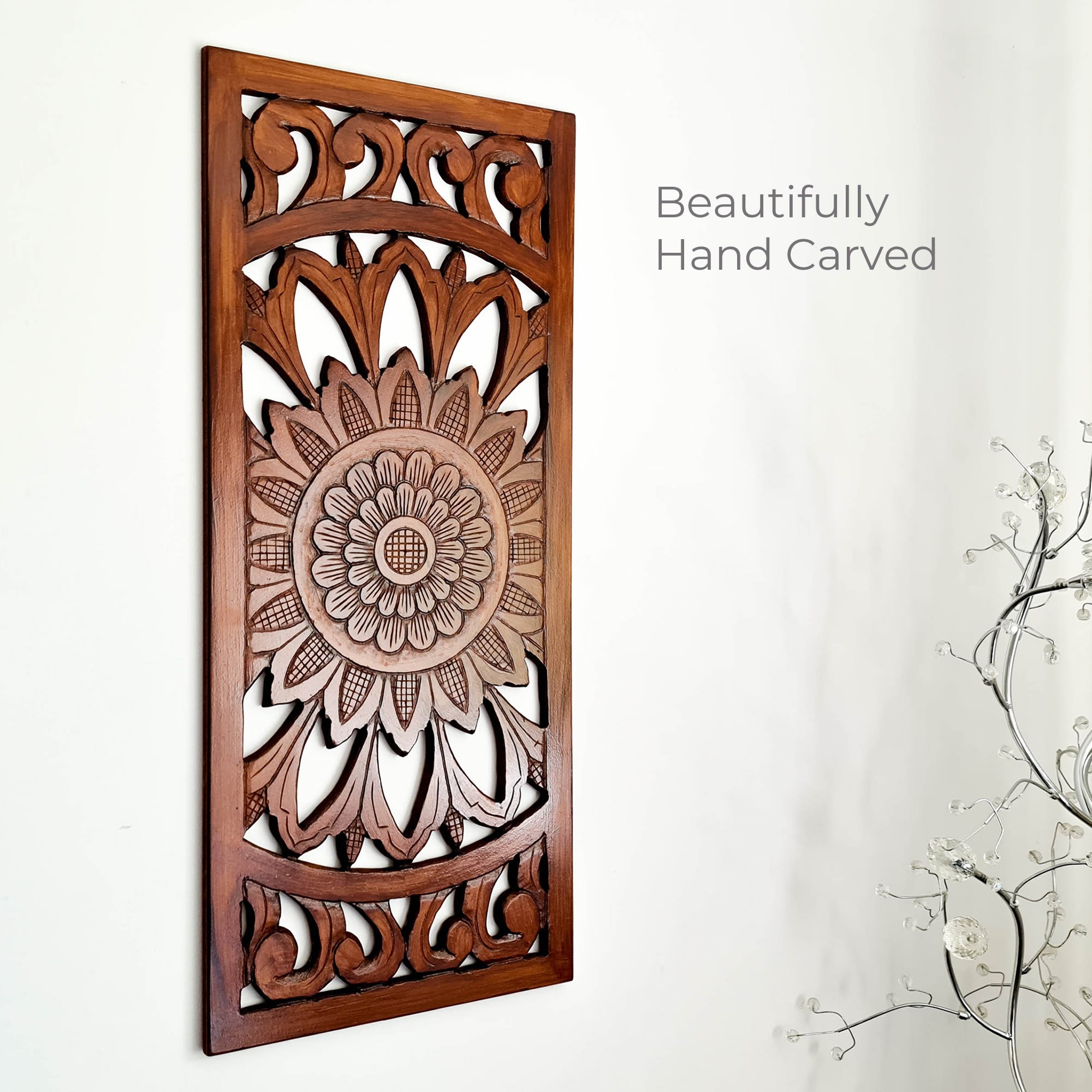 Hand Carved Wooden Wall Art - Decorative Mandala Yoga Walnut Panel