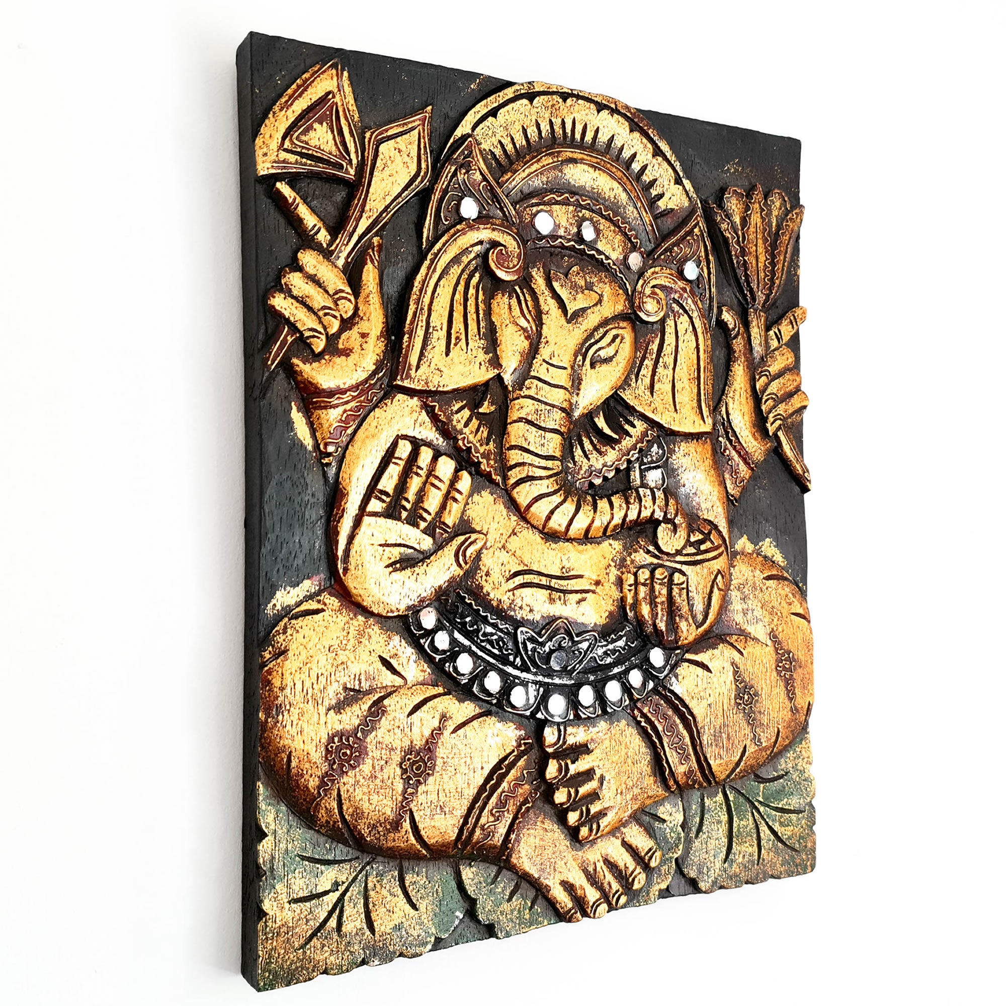 Hand Carved Painted Golden Ganesh Hindu God Mandir Wood Art Sculpture