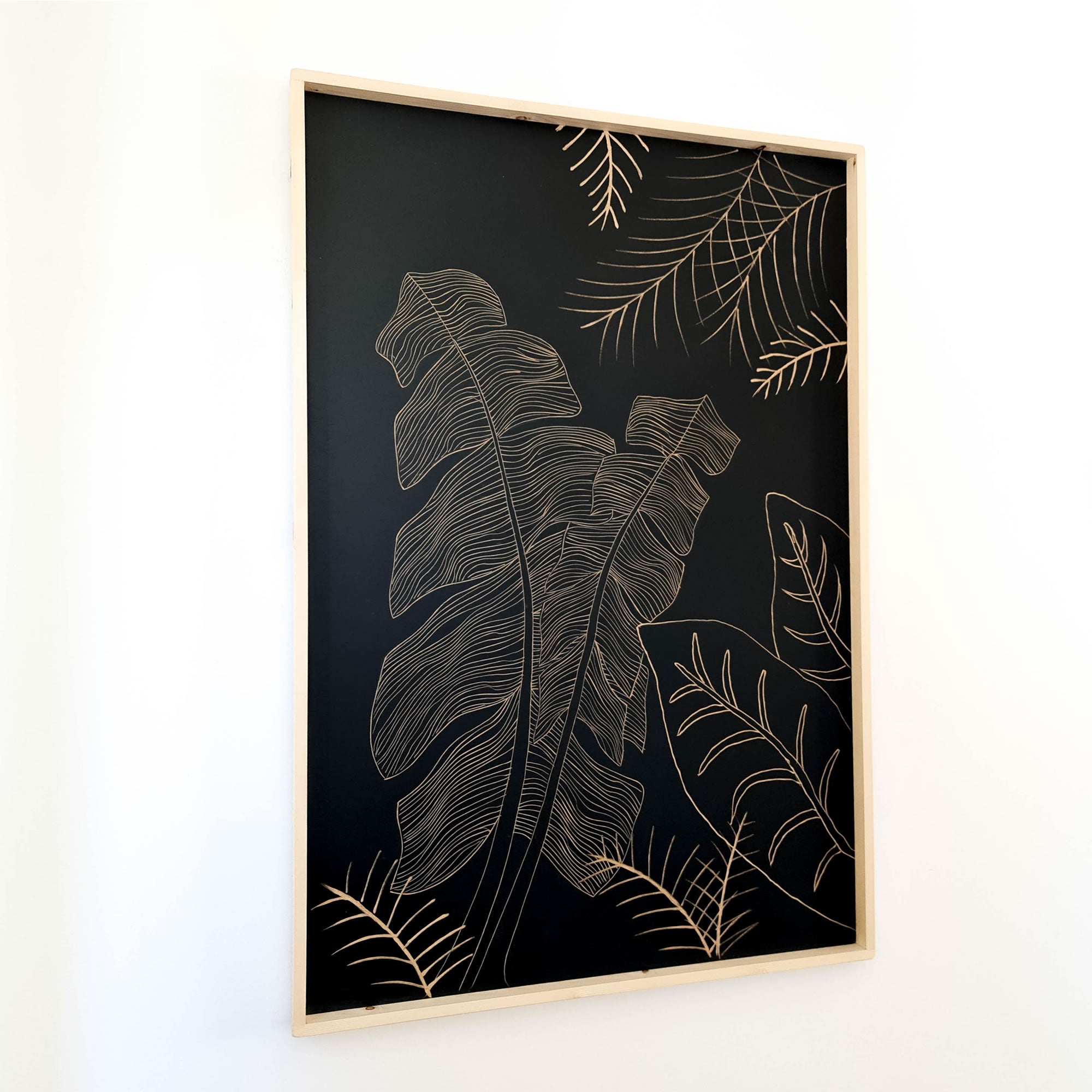 Art mural décoratif en bois sculpté à la main Feuilles sauvages Noir Grand