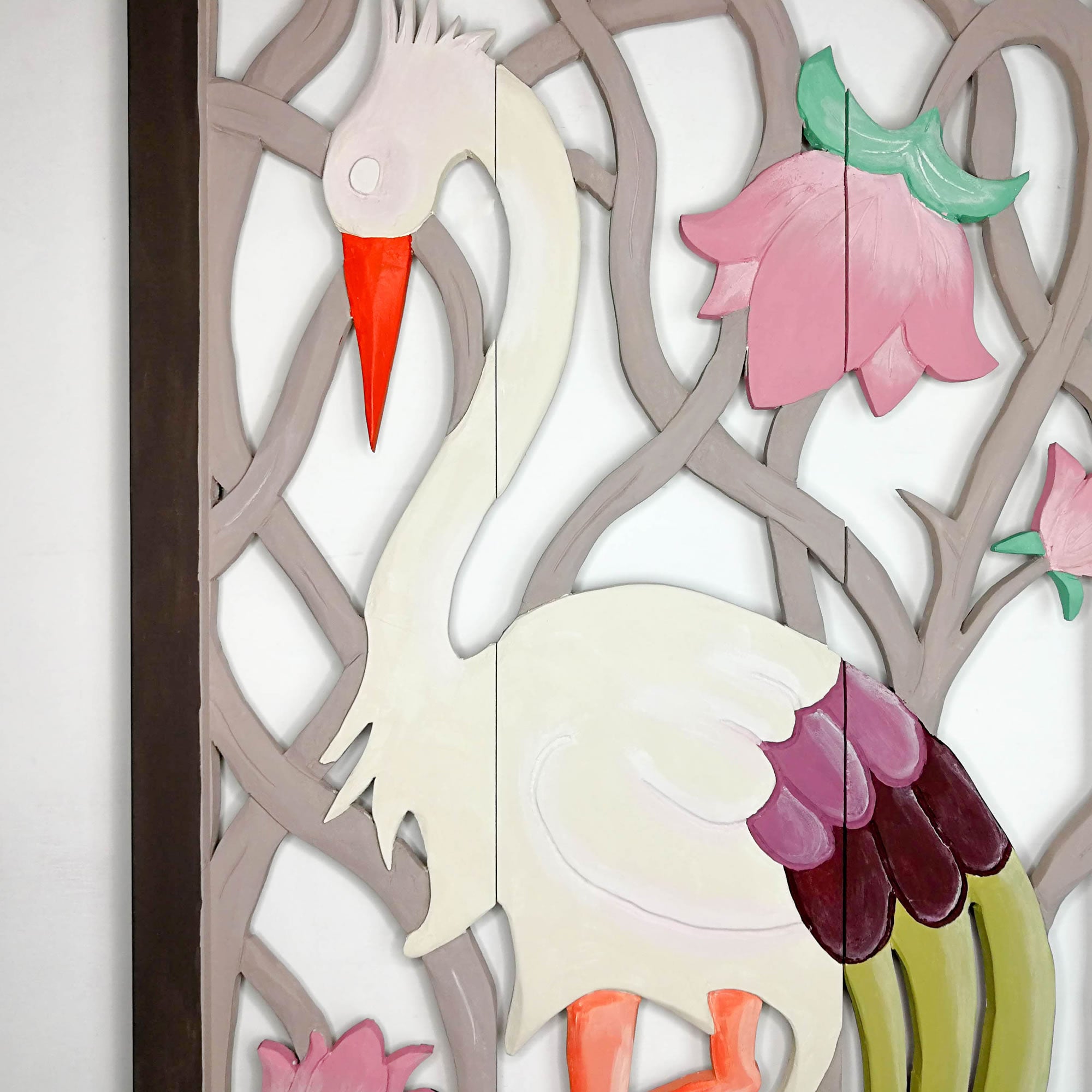 Carved Painted Wooden Wall Art - Large Headboard Decorative Bird Panel