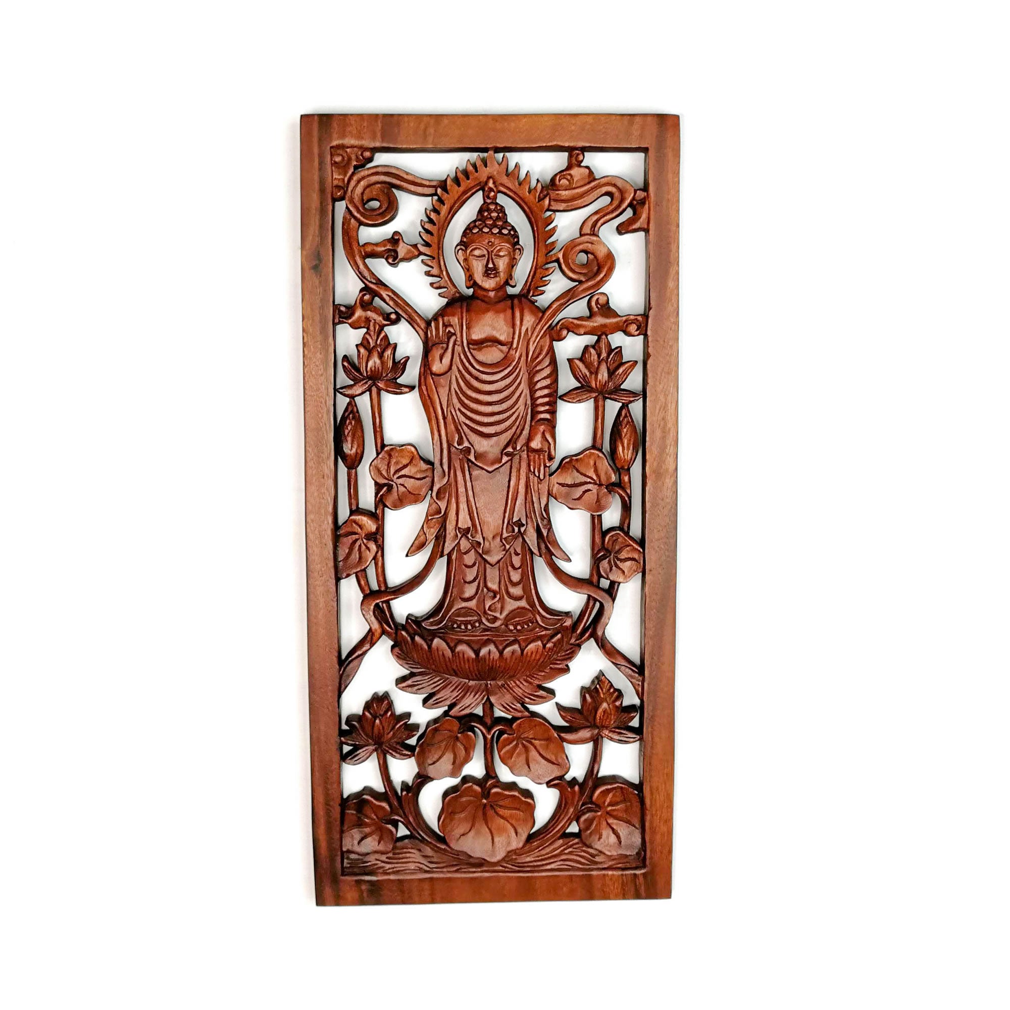 Hand Carved Wooden Wall Art Decorative Standing Buddha Peace Yoga Meditation