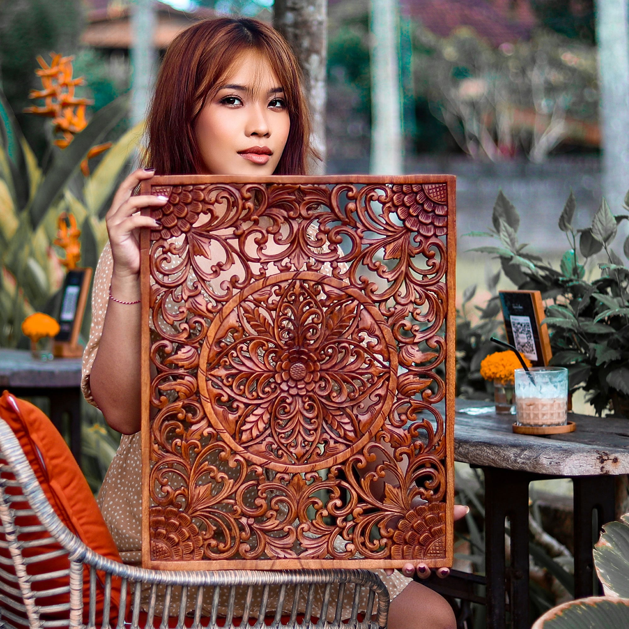 Mystic Lotus Mandala Hand Carved Wooden Room Decorative Large Headboard Wall Art Sculpture