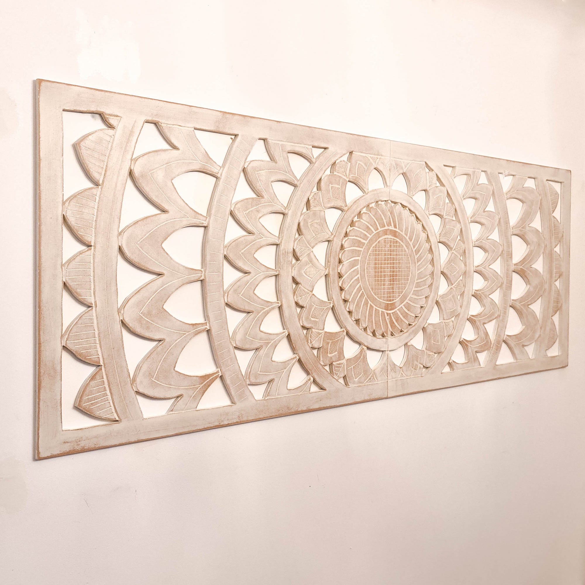 Hand Carved Wooden Wall Art - Long Headboard Decorative Mandala Panel