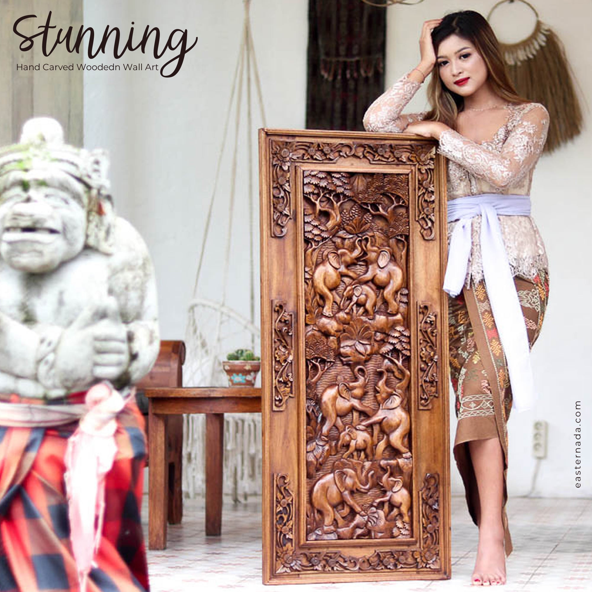 African Jungle Elephants Hand Carved Teakwood Decorative Wall Art Sculpture