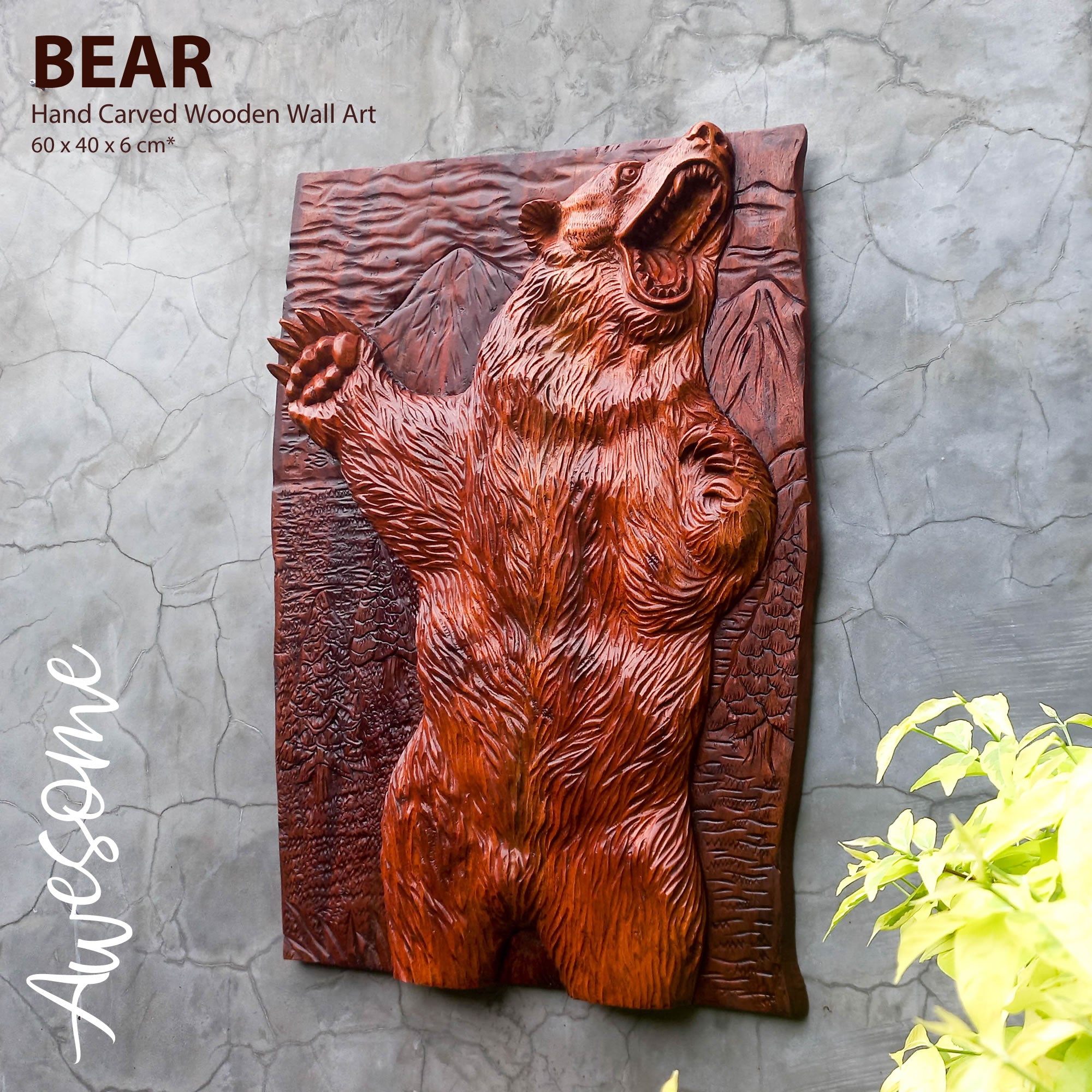 Hand Carved Grizzly Bear Decorative Teakwood Sculpture Wall Art