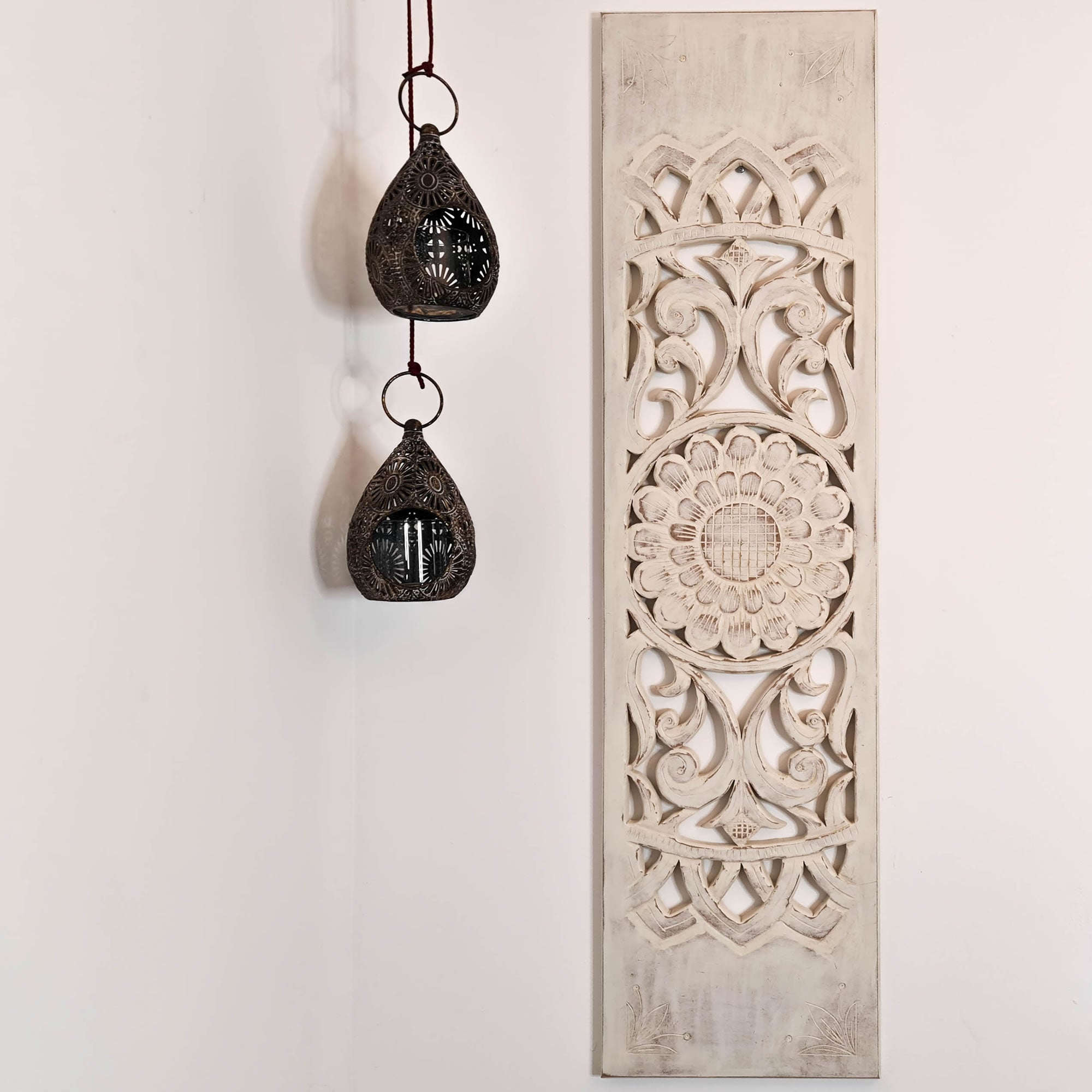 Hand Carved Wooden Wall Art - Distressed White Decorative Mandala Yoga Panel