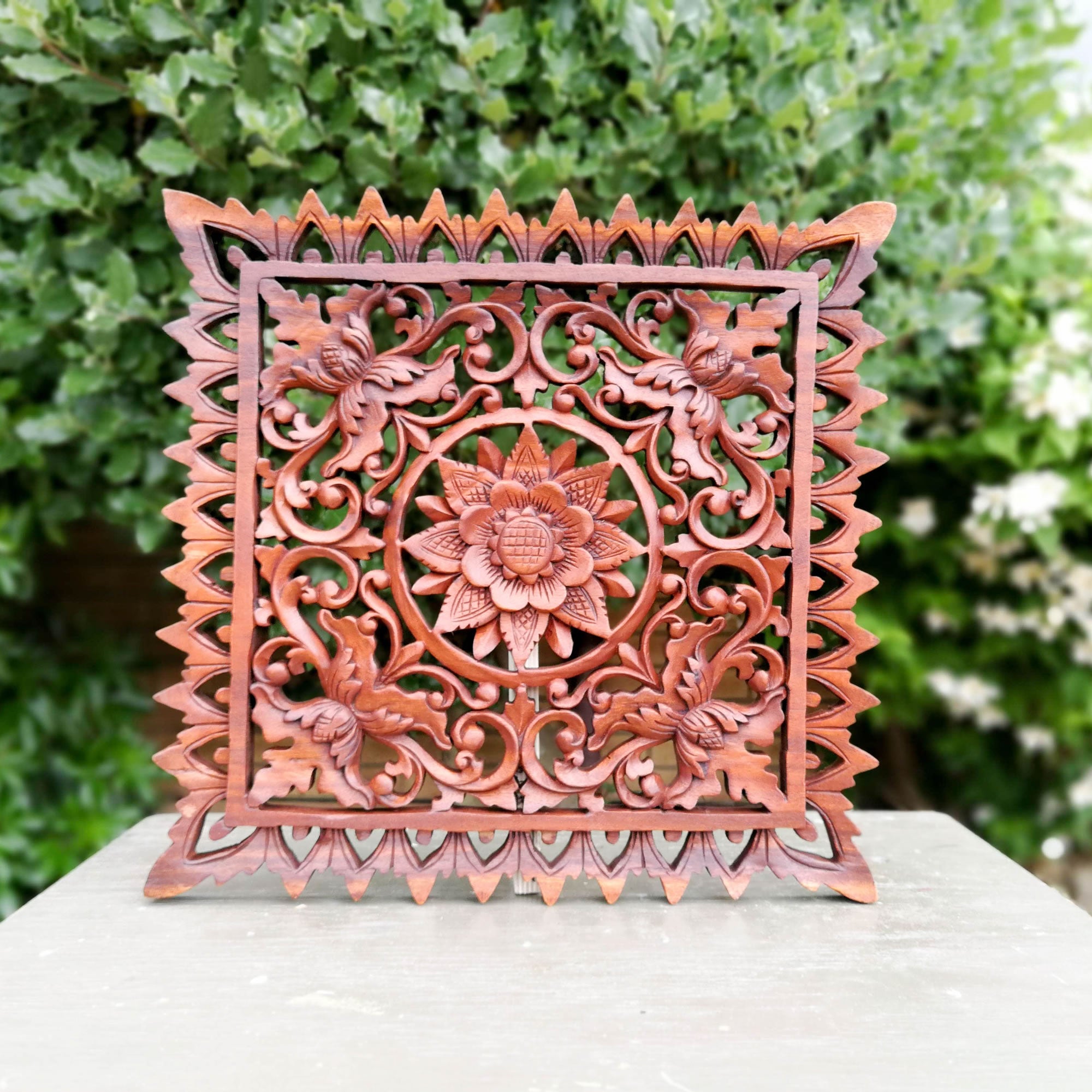 Hand Carved Wooden Decorative Panel Art Sculpture Mandala Yoga Square