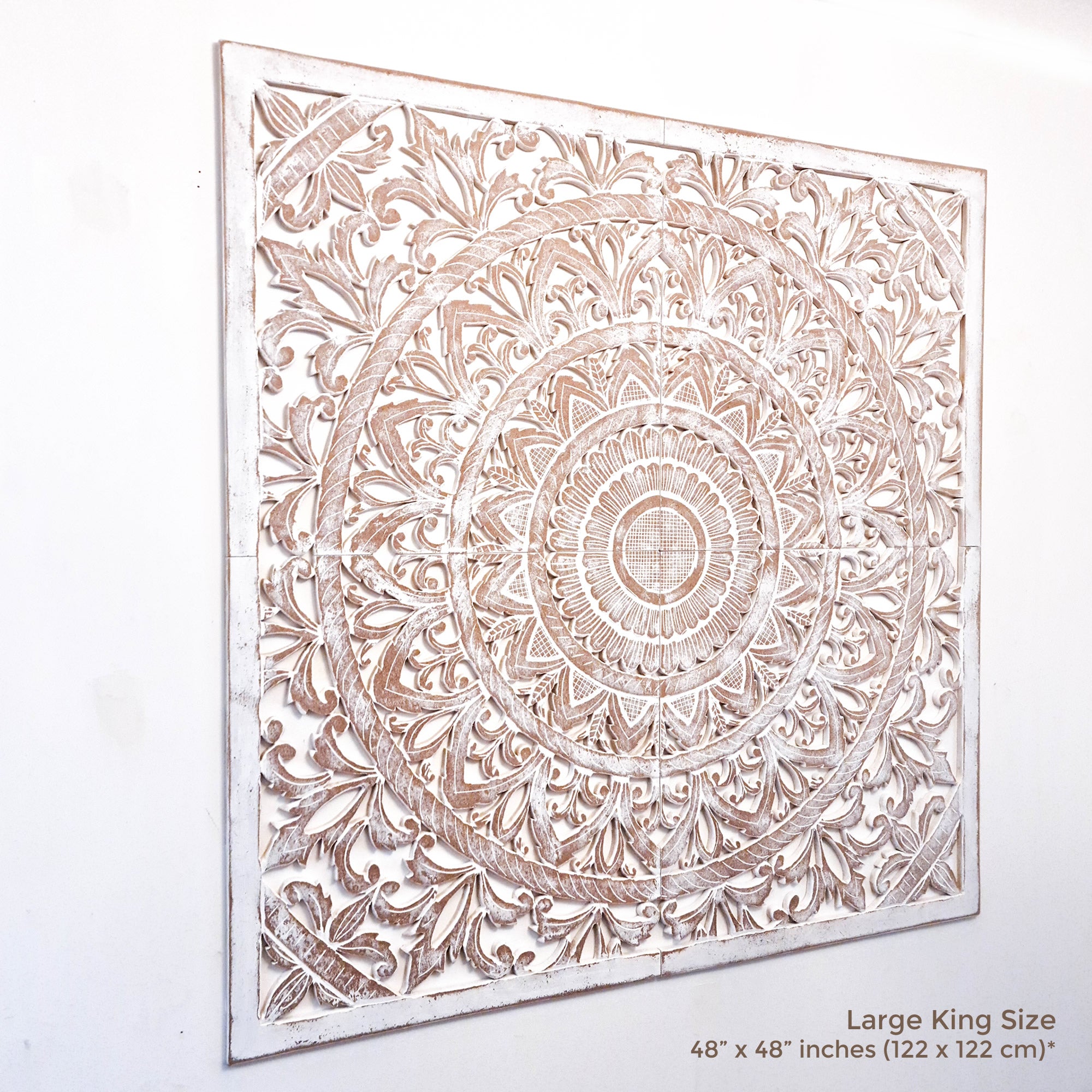 Hand Carved Wooden Wall Art - Headboard Decorative Large King Mandala Distressed White Bohemian Boho Style Shabby Chic. We can also custom carve to your specifications.